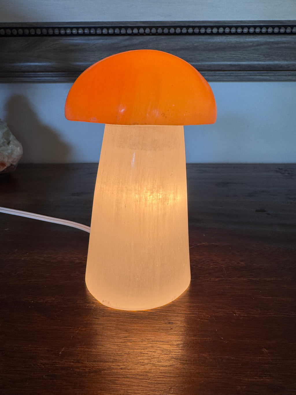 White and Orange Selenite Mushroom Lamp