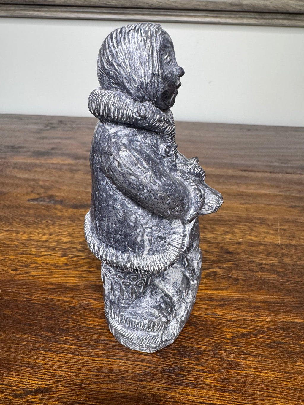 Inuit Soapstone Like Carving of Child and Dog by Wolf Sculptures Canada