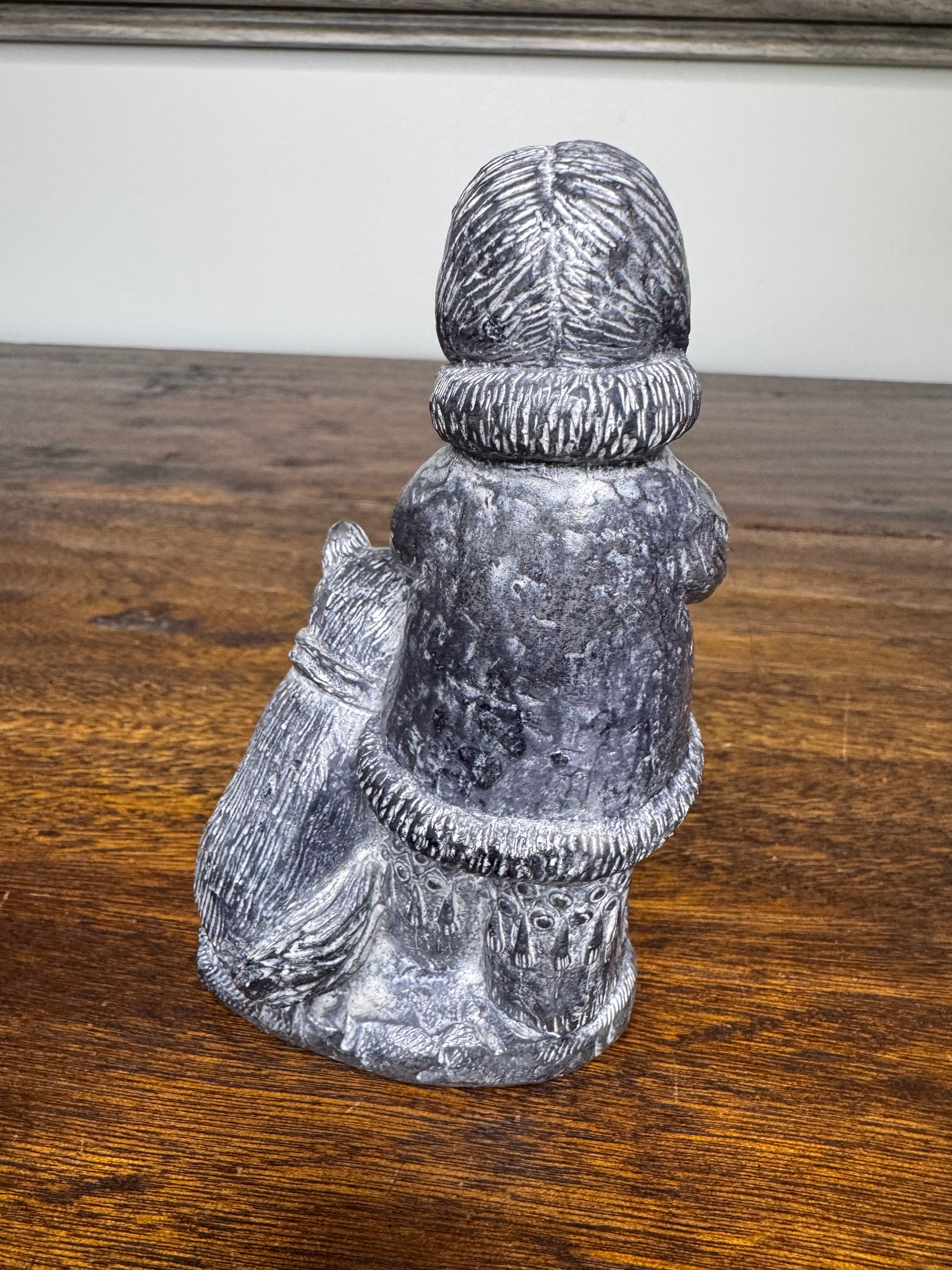 Inuit Soapstone Like Carving of Child and Dog by Wolf Sculptures Canada