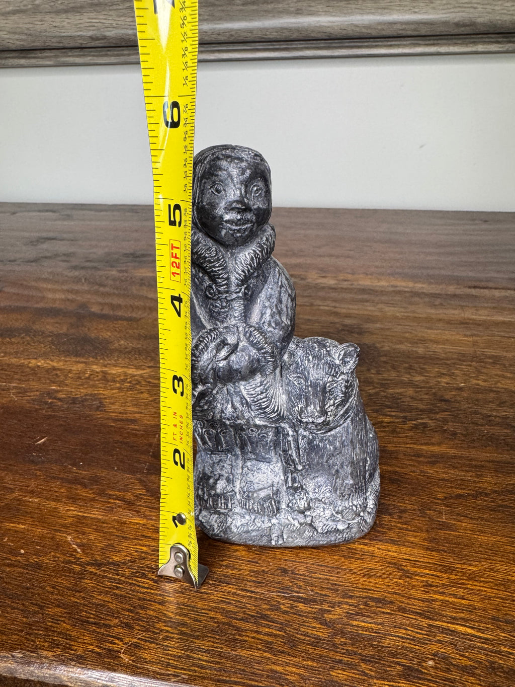Inuit Soapstone Like Carving of Child and Dog by Wolf Sculptures Canada