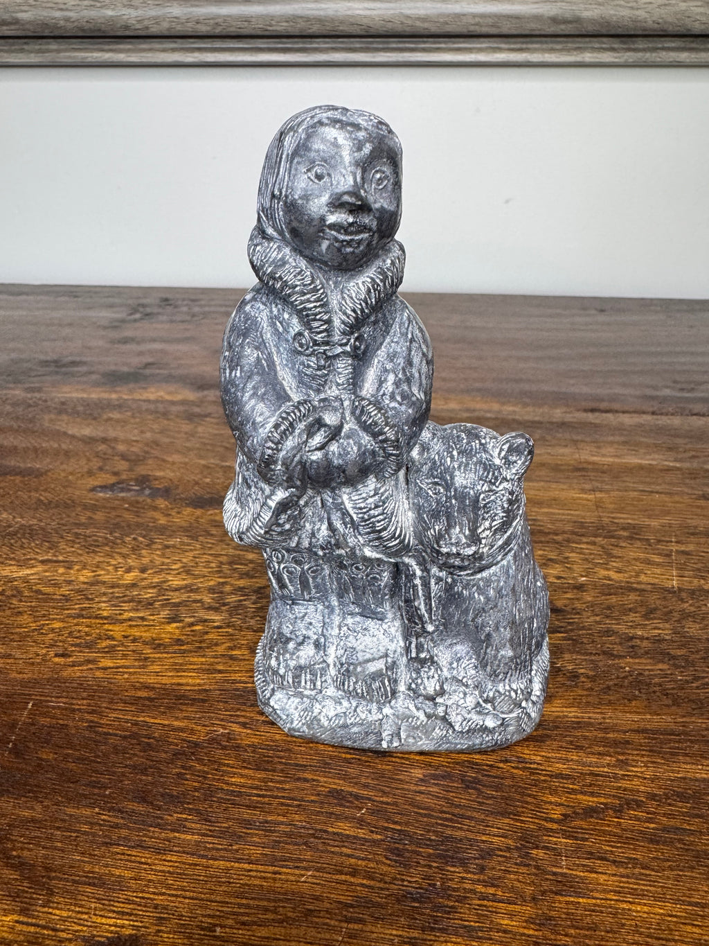 Inuit Soapstone Like Carving of Child and Dog by Wolf Sculptures Canada