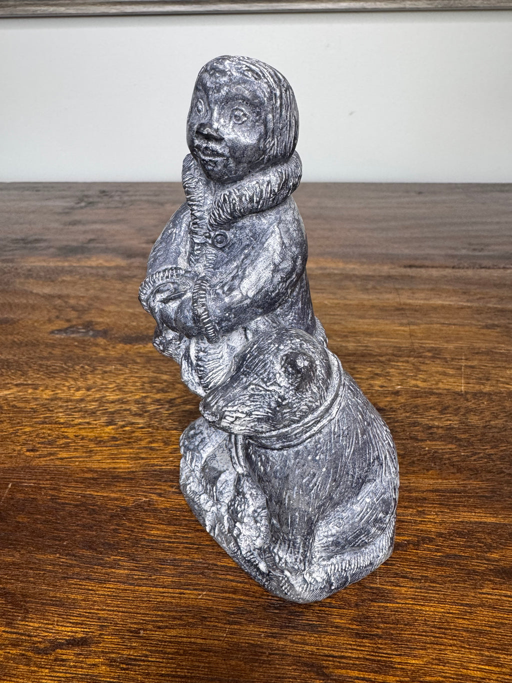 Inuit Soapstone Like Carving of Child and Dog by Wolf Sculptures Canada