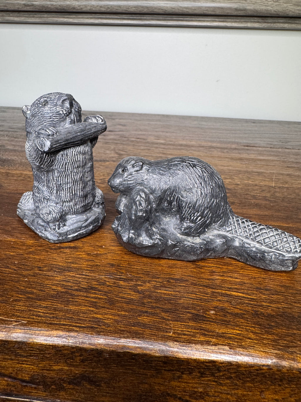 Set of 2 Soapstone Like Beavers by A Wolf Sculpture Original Canada