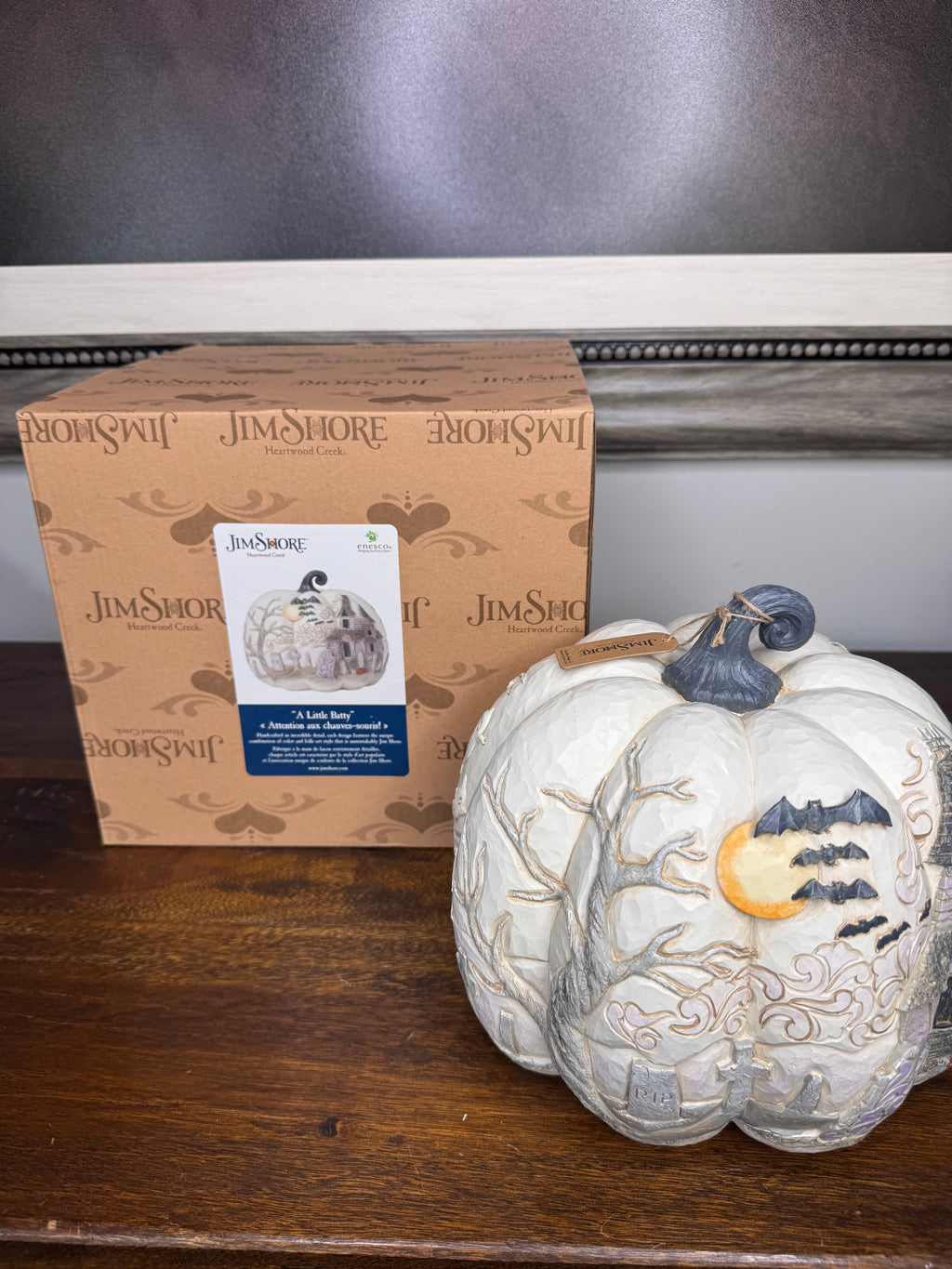 Jim Shore Heartwood Creek Pumpkin with Bats Flying Figurine “A Little Batty”
