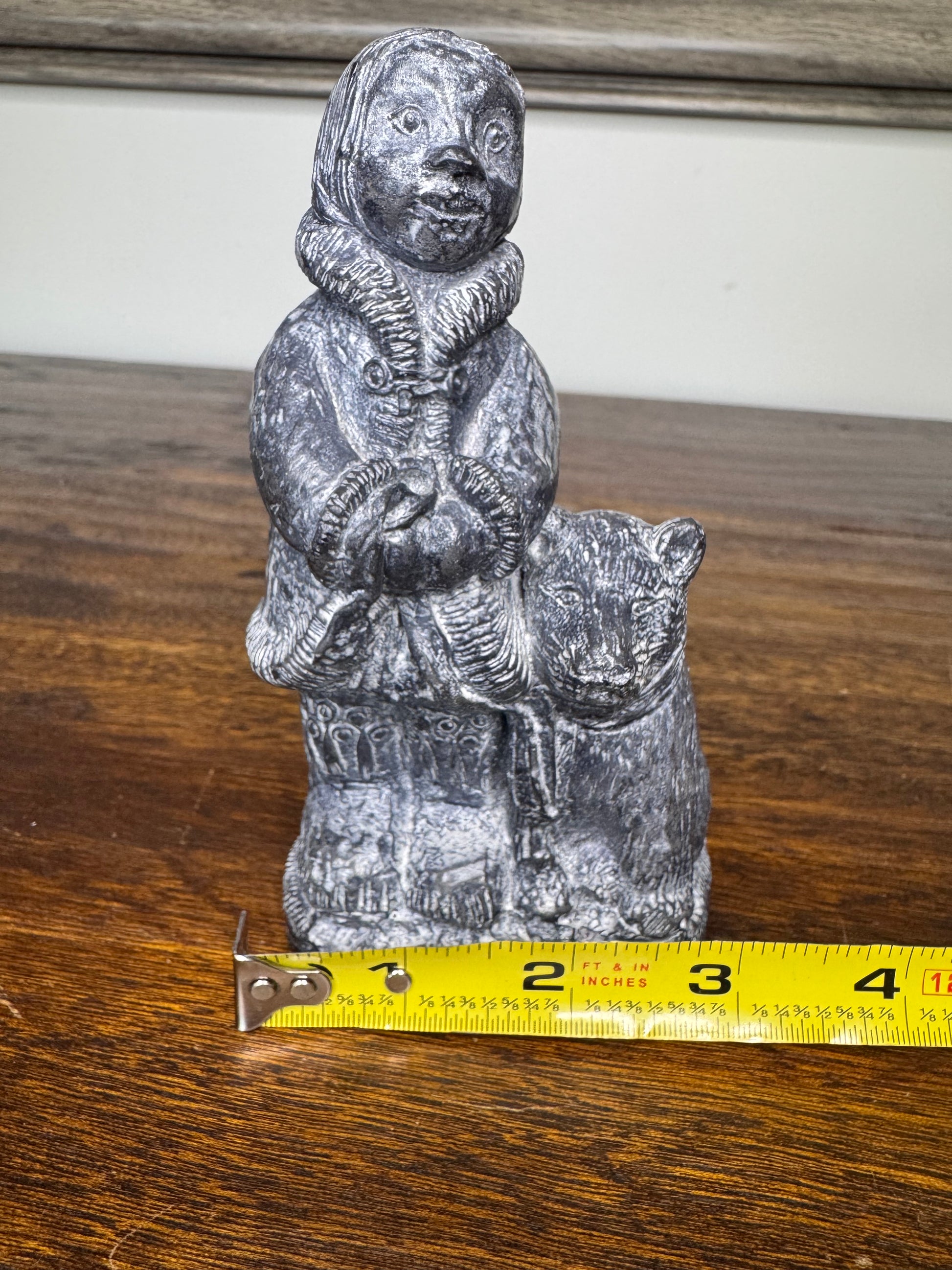 Inuit Soapstone Like Carving of Child and Dog by Wolf Sculptures Canada