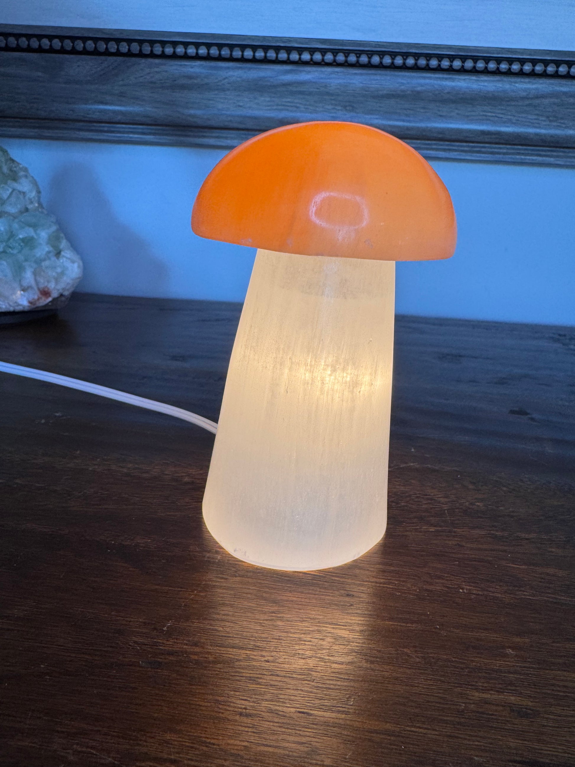 White and Orange Selenite Mushroom Lamp
