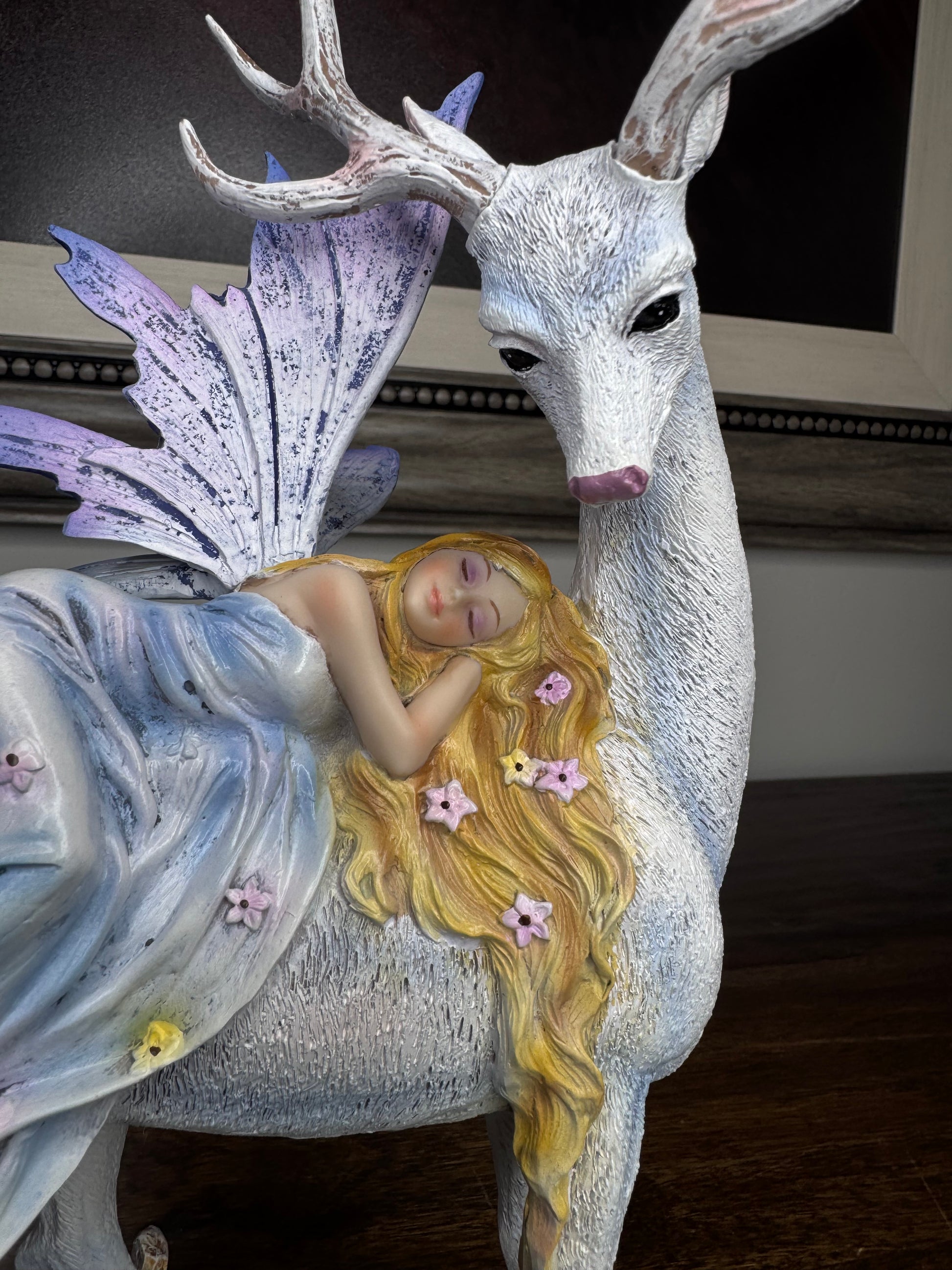 Stunning New w/Box Sleeping Fairy on White Stag