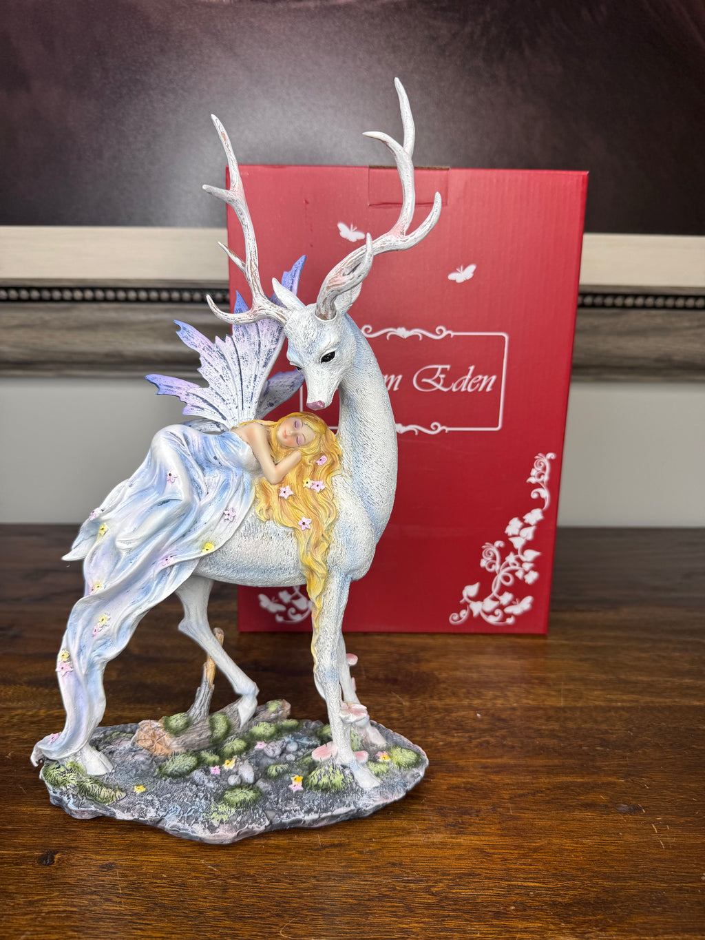 Stunning New w/Box Sleeping Fairy on White Stag