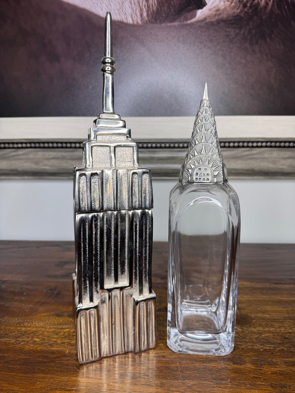 RARE Pottery Barn Empire State Building Cocktail Shaker and ChryslerBuilding Decanter Set