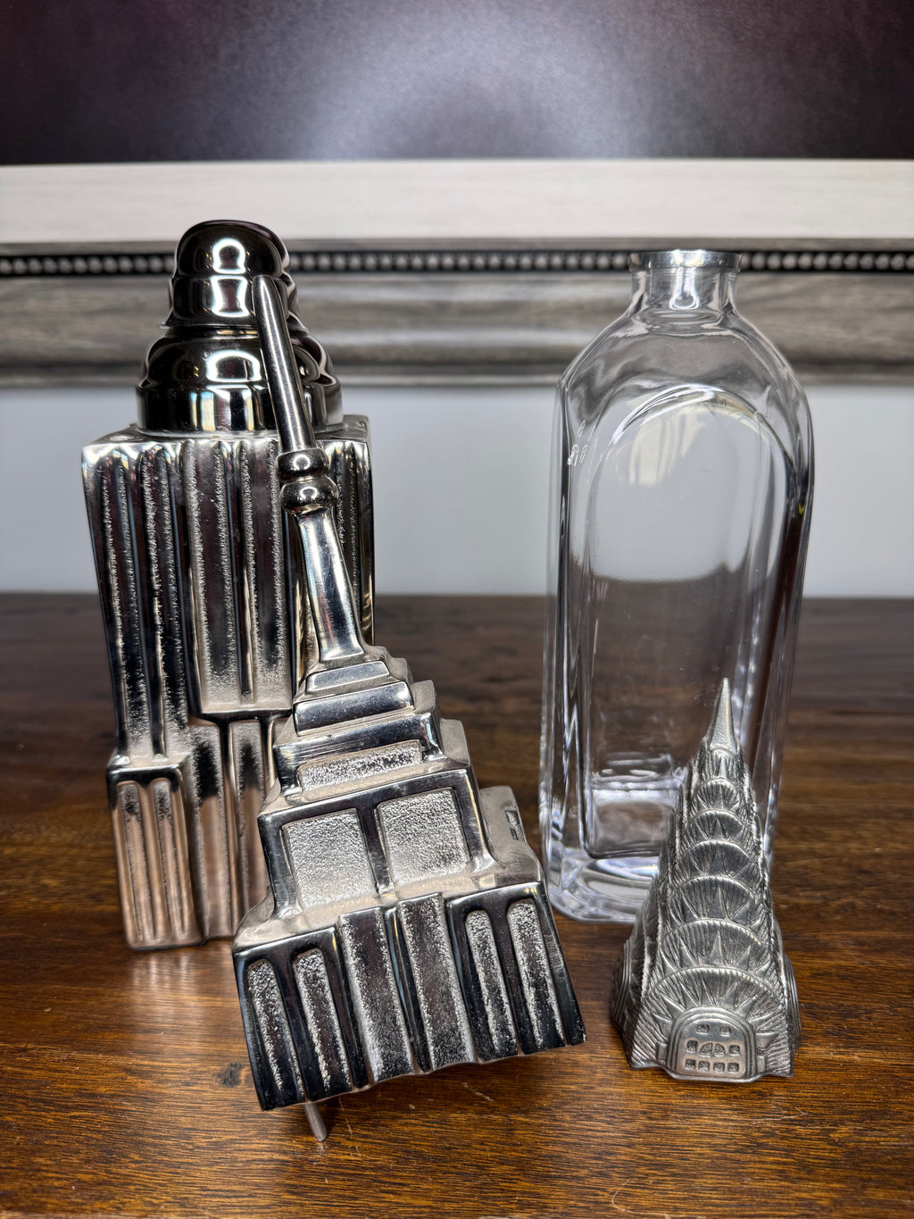 RARE Pottery Barn Empire State Building Cocktail Shaker and ChryslerBuilding Decanter Set