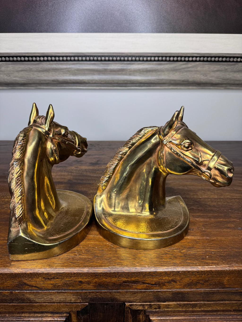 Antique MCM Gold Toned Metal Horse Head Bookends