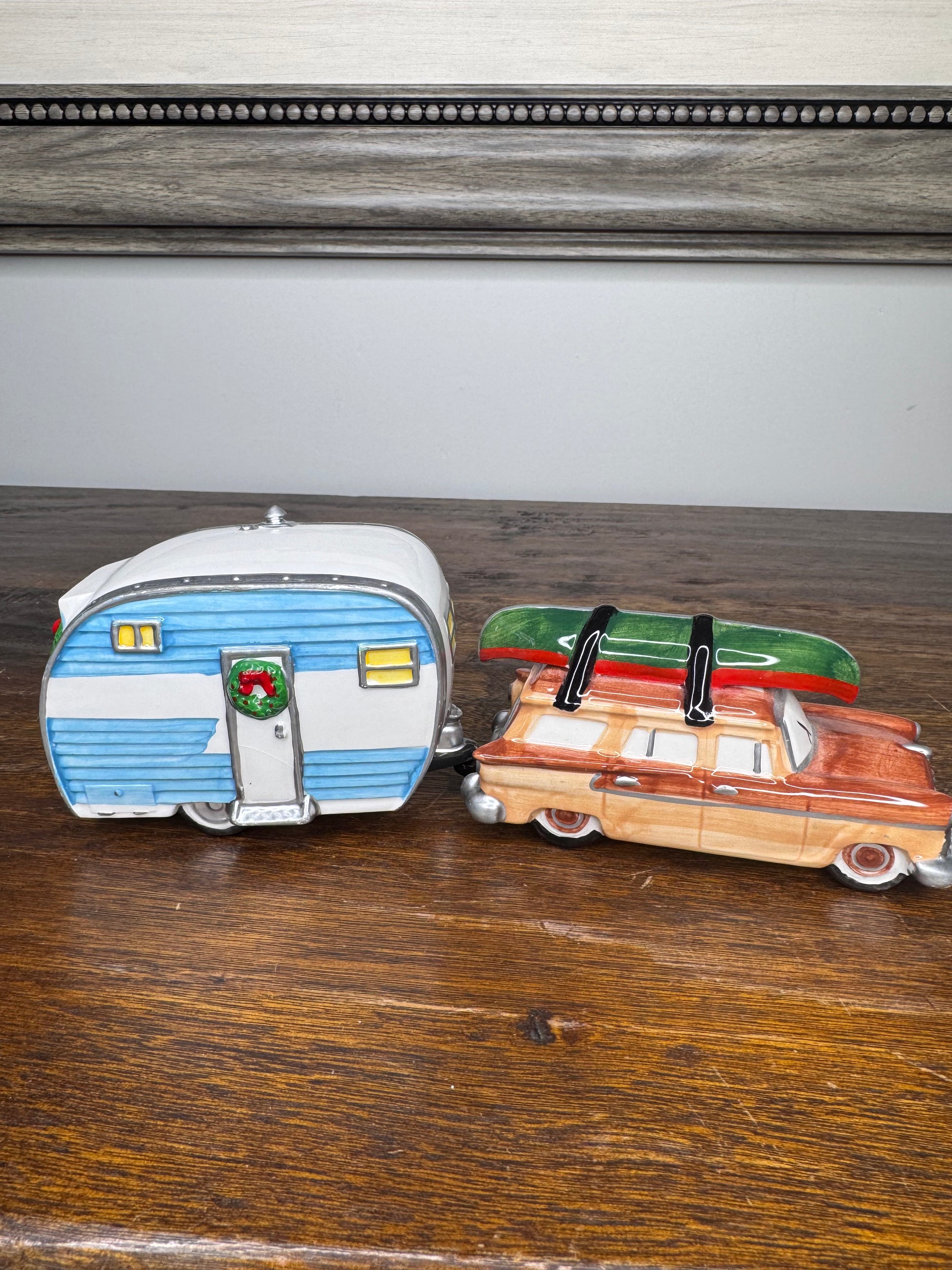 Retired Dept 56 Snow Village "On The Road Again" Station Wagon and Camper Set w/ Original Box