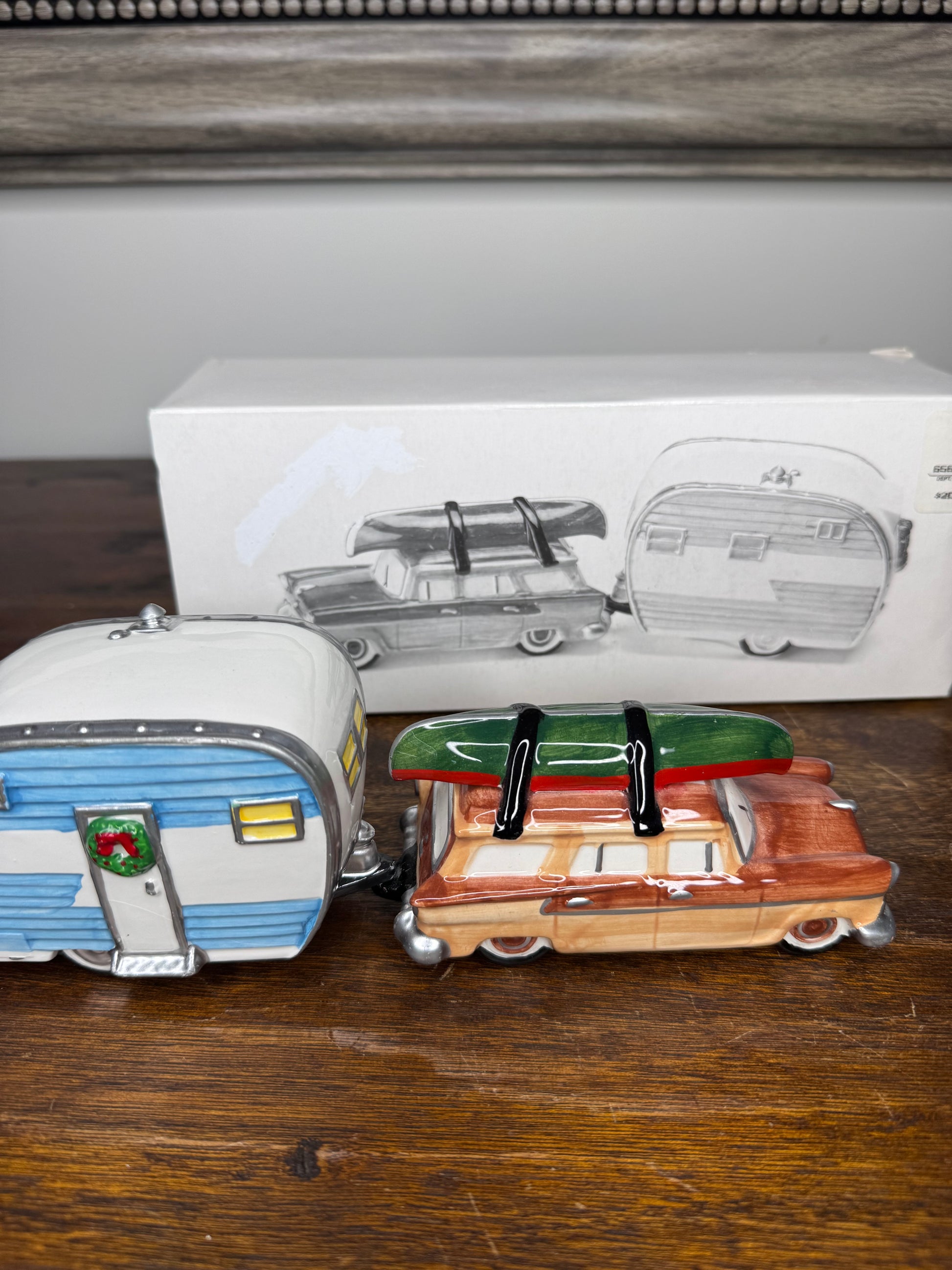 Retired Dept 56 Snow Village "On The Road Again" Station Wagon and Camper Set w/ Original Box