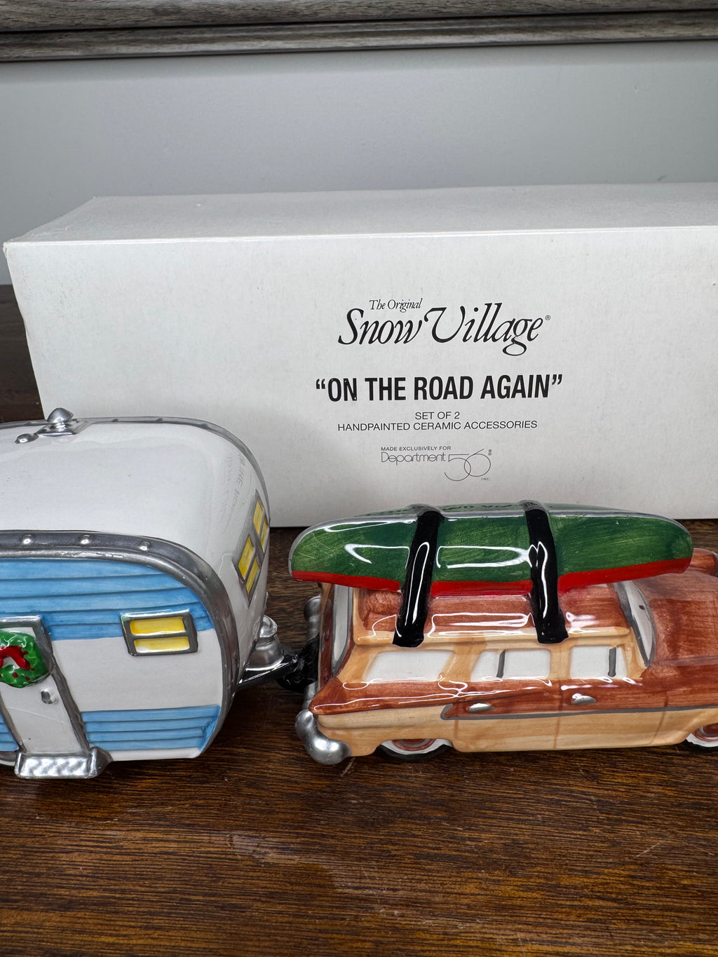 Retired Dept 56 Snow Village "On The Road Again" Station Wagon and Camper Set w/ Original Box