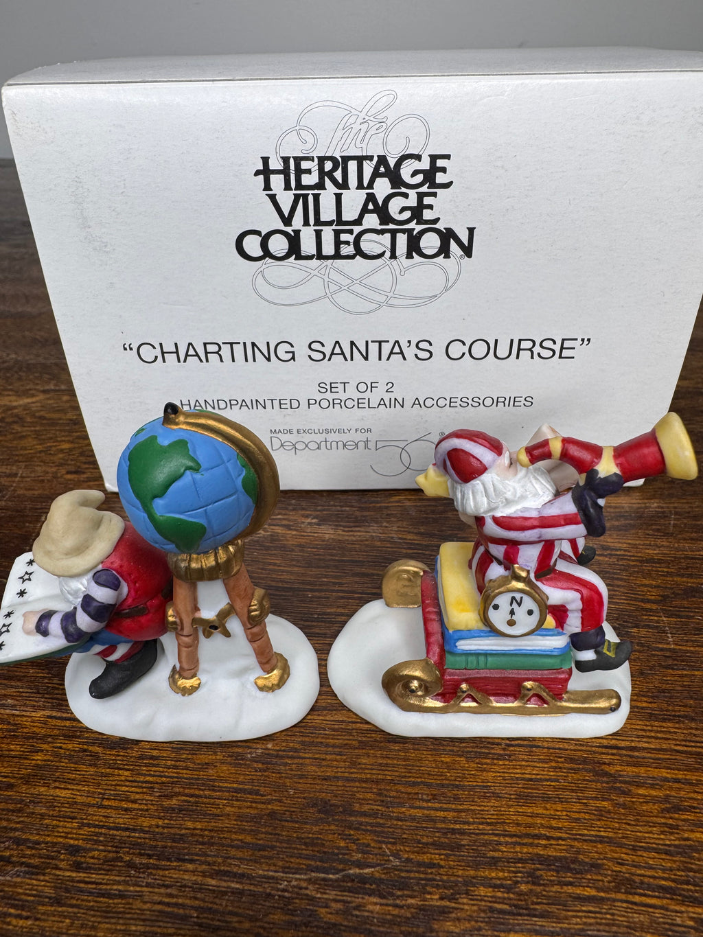 Retired Dept 56 Heritage Village "Charting Santa's Course" Set of 2 Figurines w/ Original Box