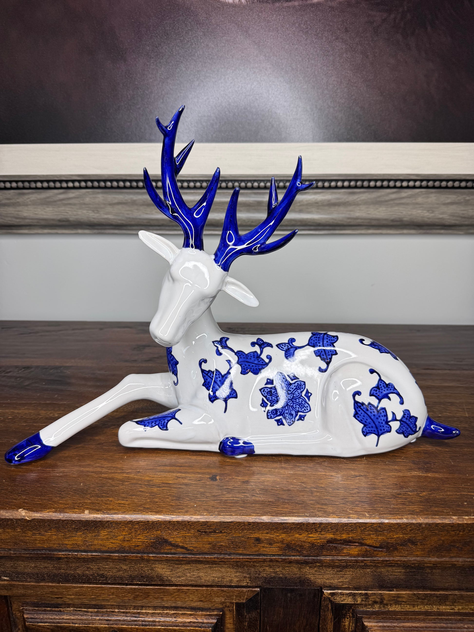 Large Vintage Mikasa Blue and White Ceramic Deer