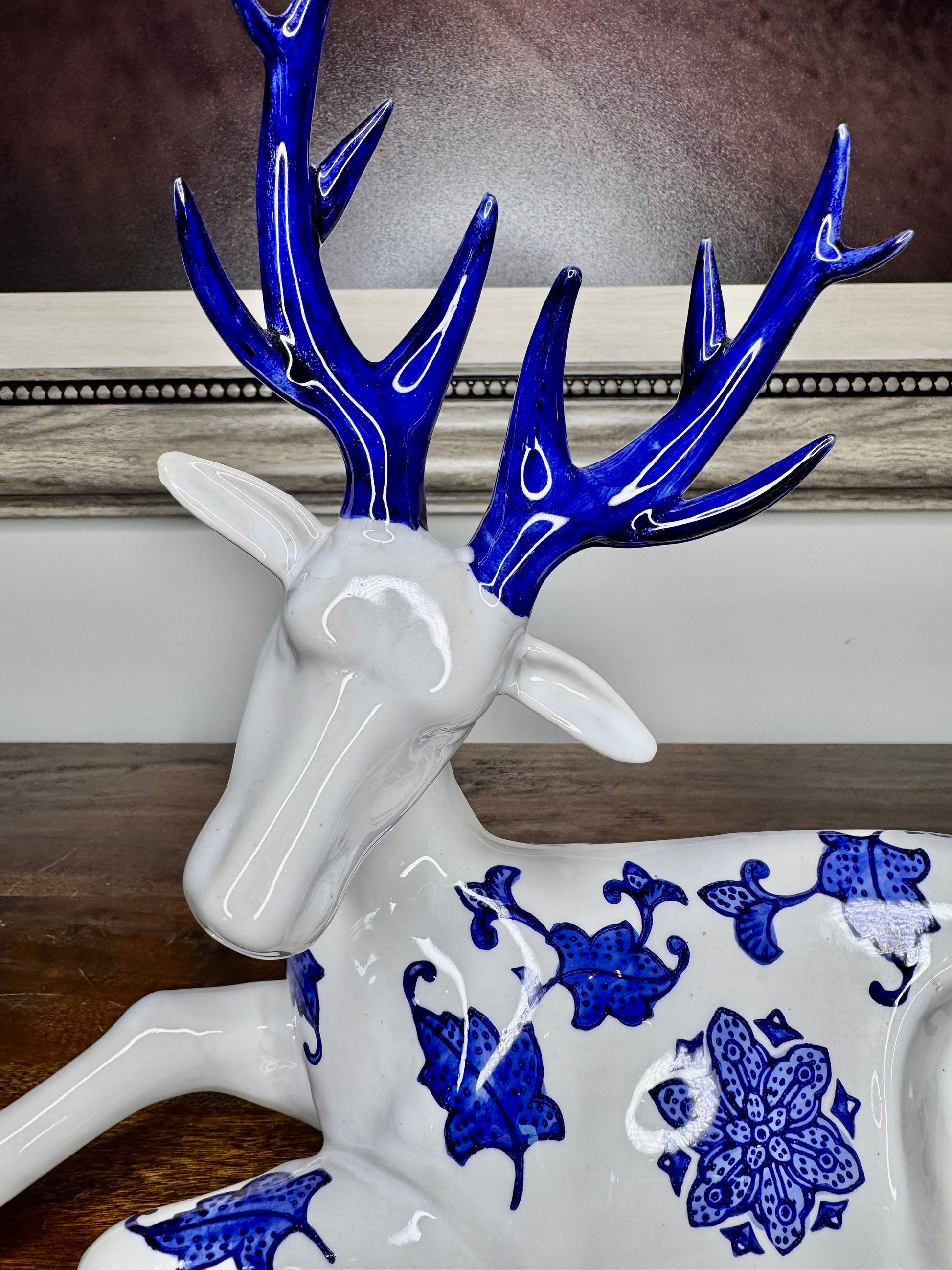 Large Vintage Mikasa Blue and White Ceramic Deer