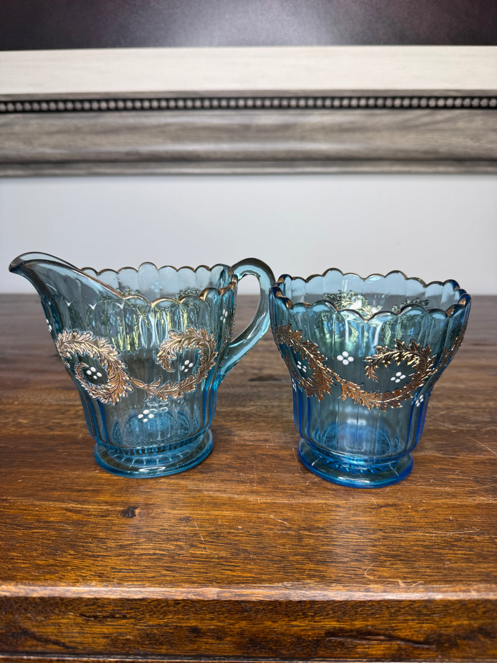Stunning Set of Antique Blue Cream and Sugar Dishes w/Gilt Accents