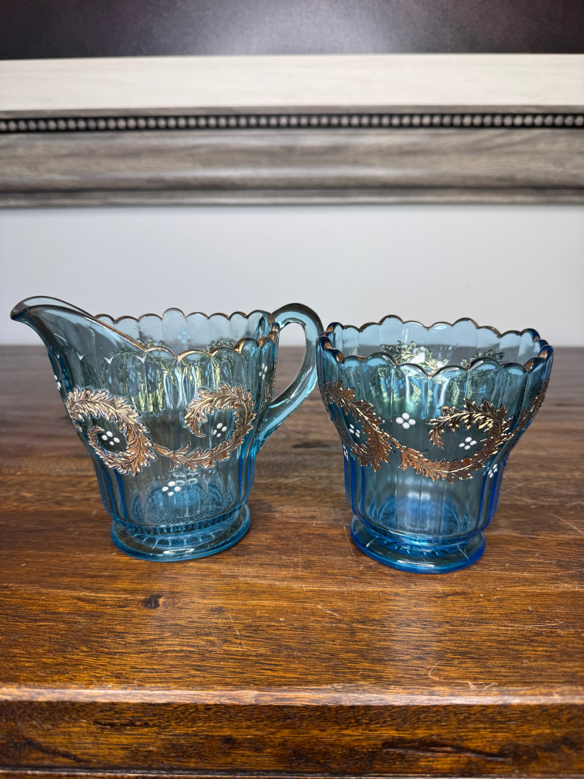 Stunning Set of Antique Blue Cream and Sugar Dishes w/Gilt Accents