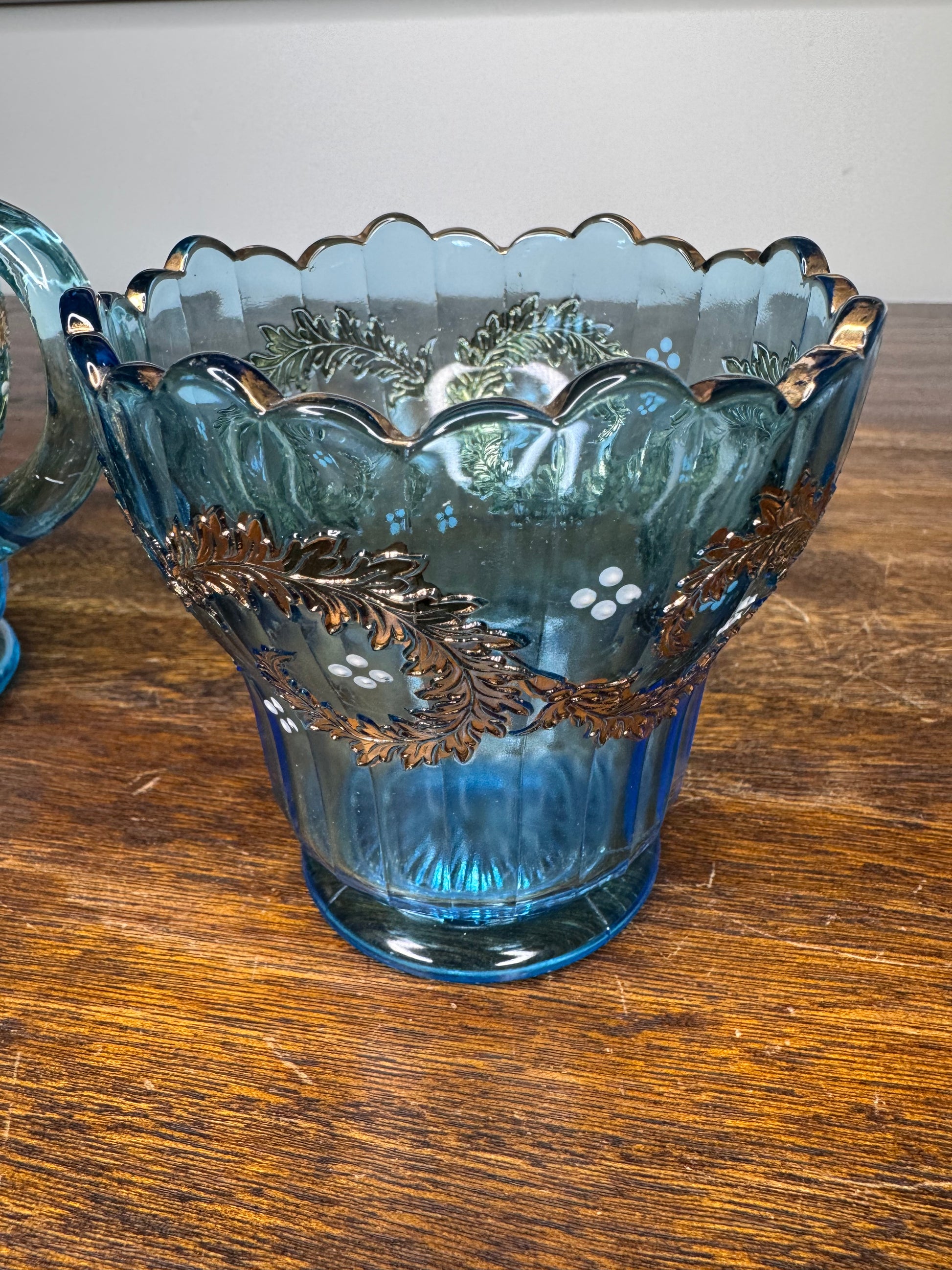 Stunning Set of Antique Blue Cream and Sugar Dishes w/Gilt Accents