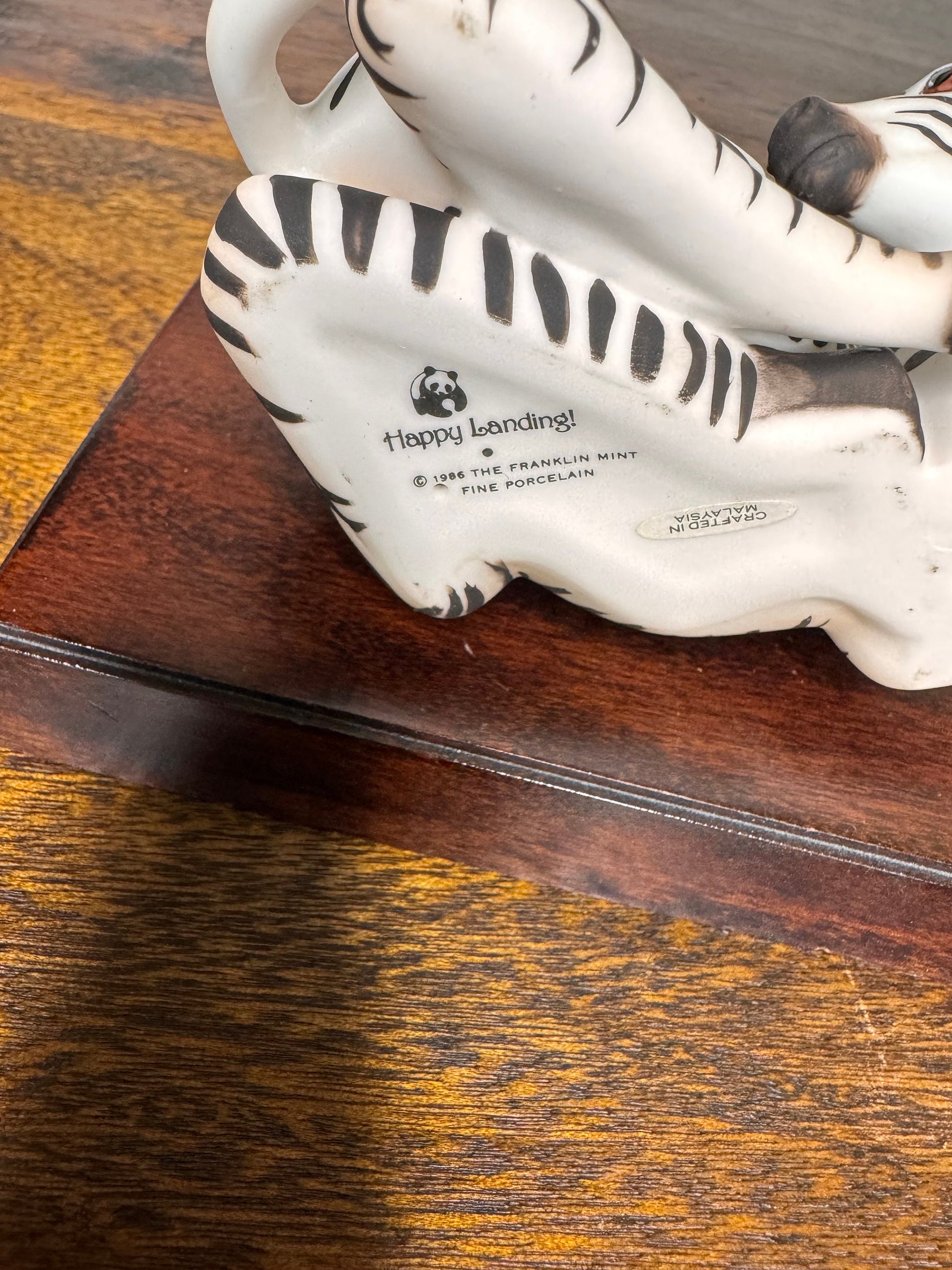 Vintage 1986 Franklin Mint “Happy Landing!” Zebra and Bird with Wooden Stand