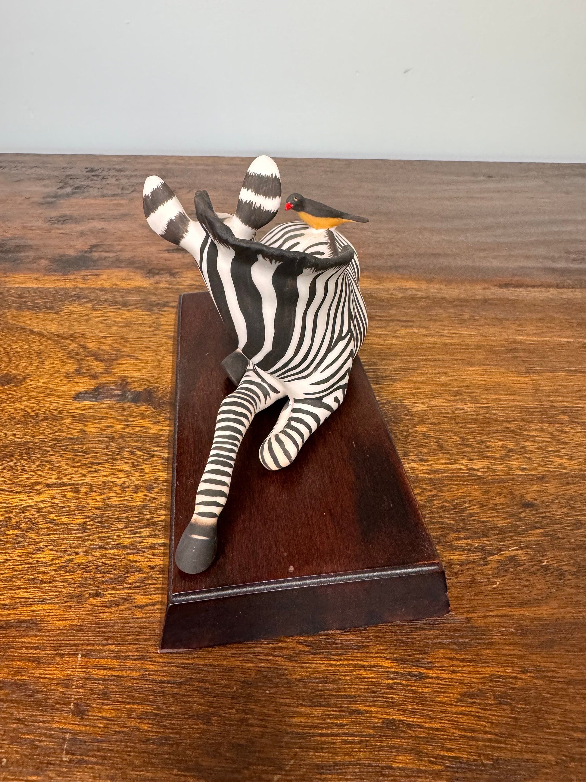 Vintage 1986 Franklin Mint “Happy Landing!” Zebra and Bird with Wooden Stand