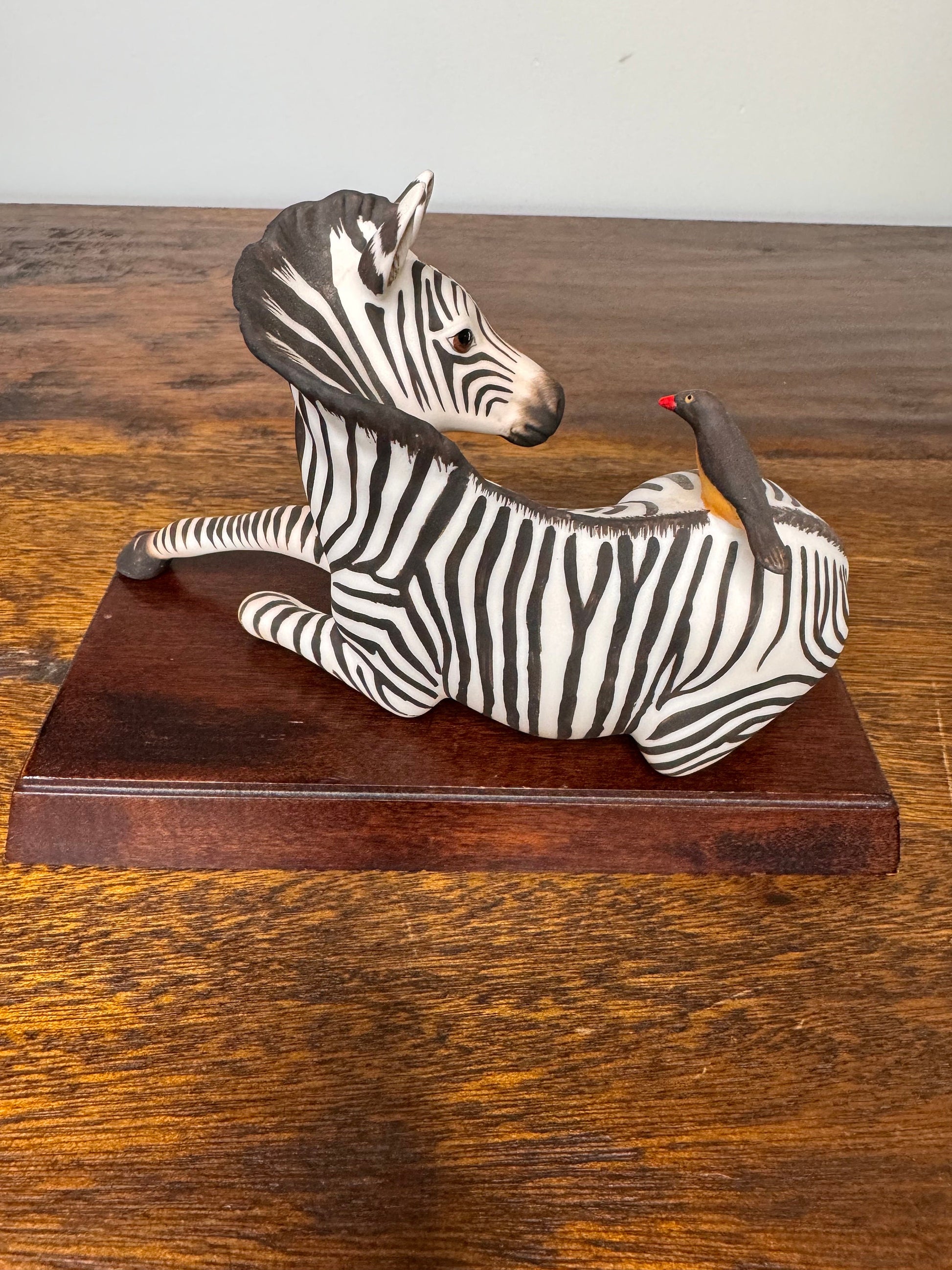 Vintage 1986 Franklin Mint “Happy Landing!” Zebra and Bird with Wooden Stand