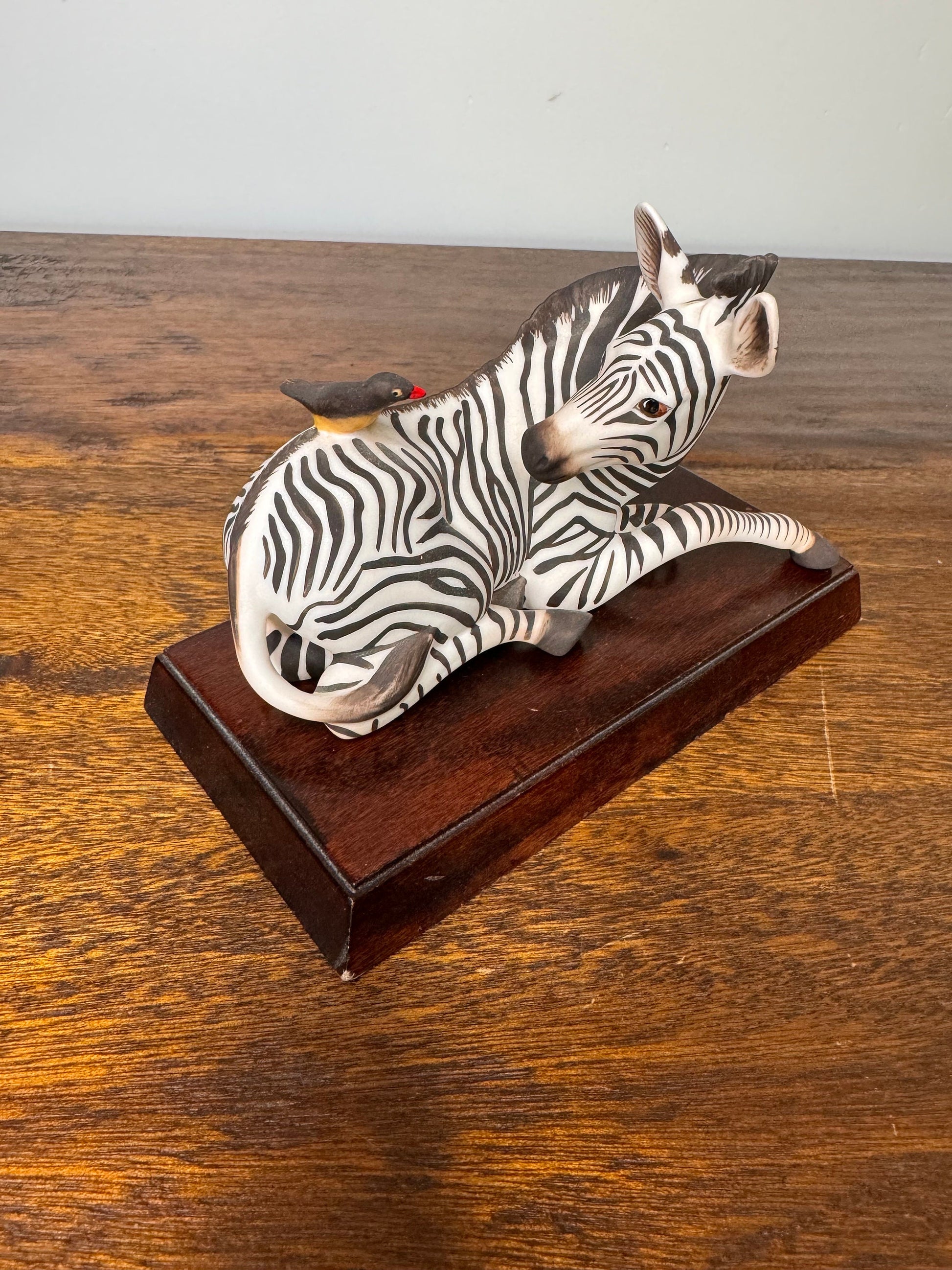 Vintage 1986 Franklin Mint “Happy Landing!” Zebra and Bird with Wooden Stand