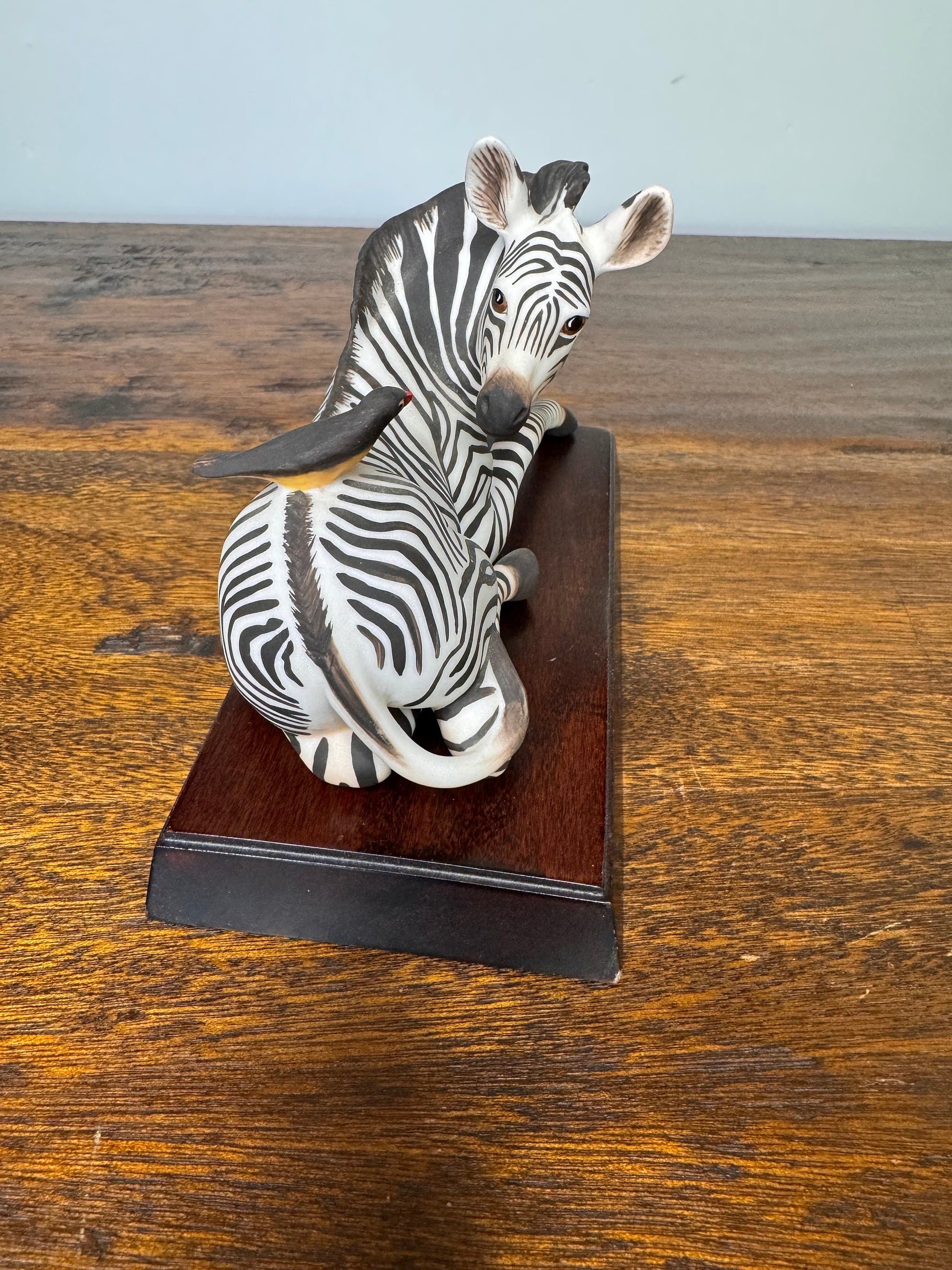 Vintage 1986 Franklin Mint “Happy Landing!” Zebra and Bird with Wooden Stand