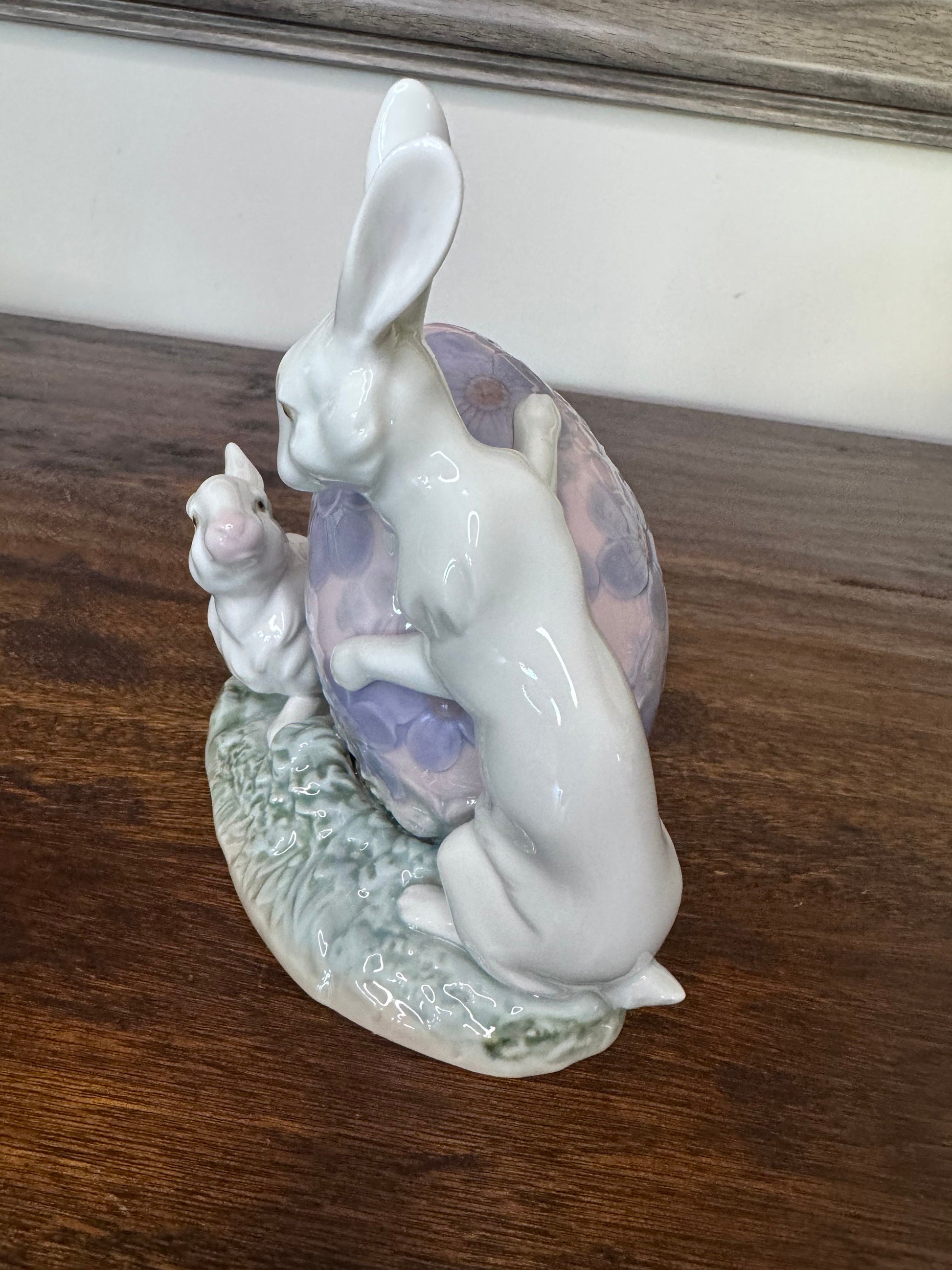 Retired Lladro Easter Bunnies with Lilac Easter Egg