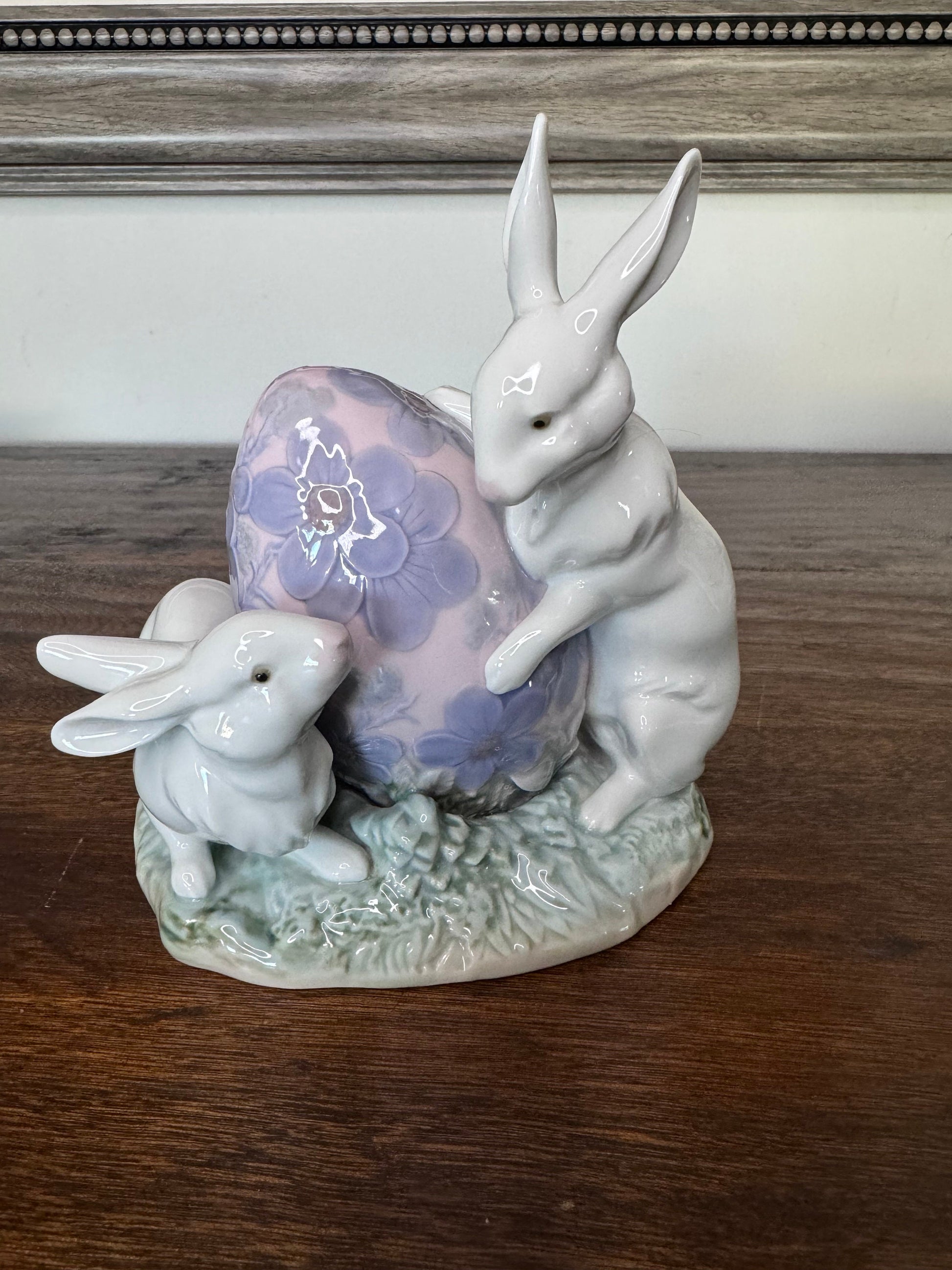 Retired Lladro Easter Bunnies with Lilac Easter Egg