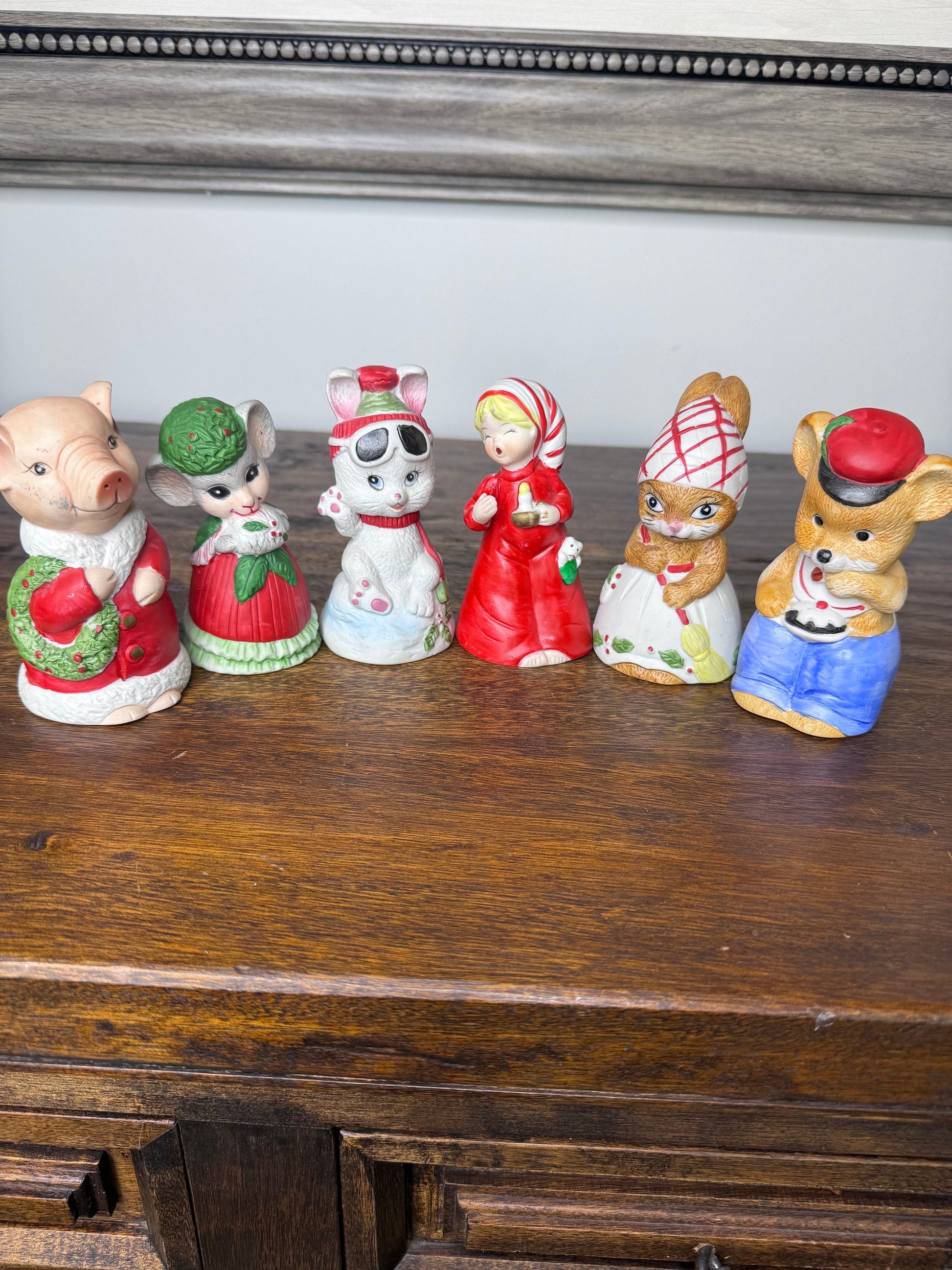 Vintage 1970’s Jasco Bisque Critter Christmas Bells Set of 6