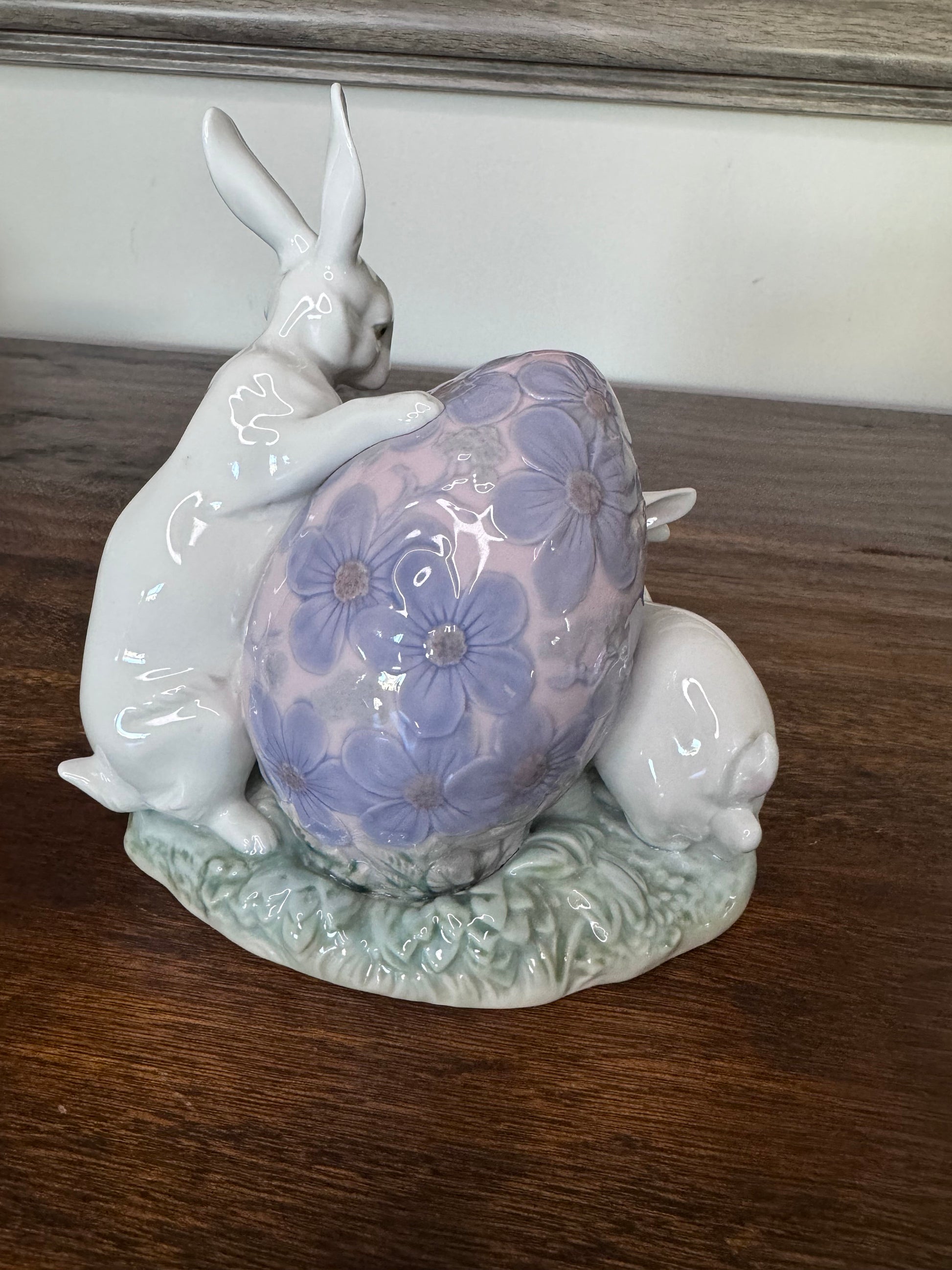 Retired Lladro Easter Bunnies with Lilac Easter Egg