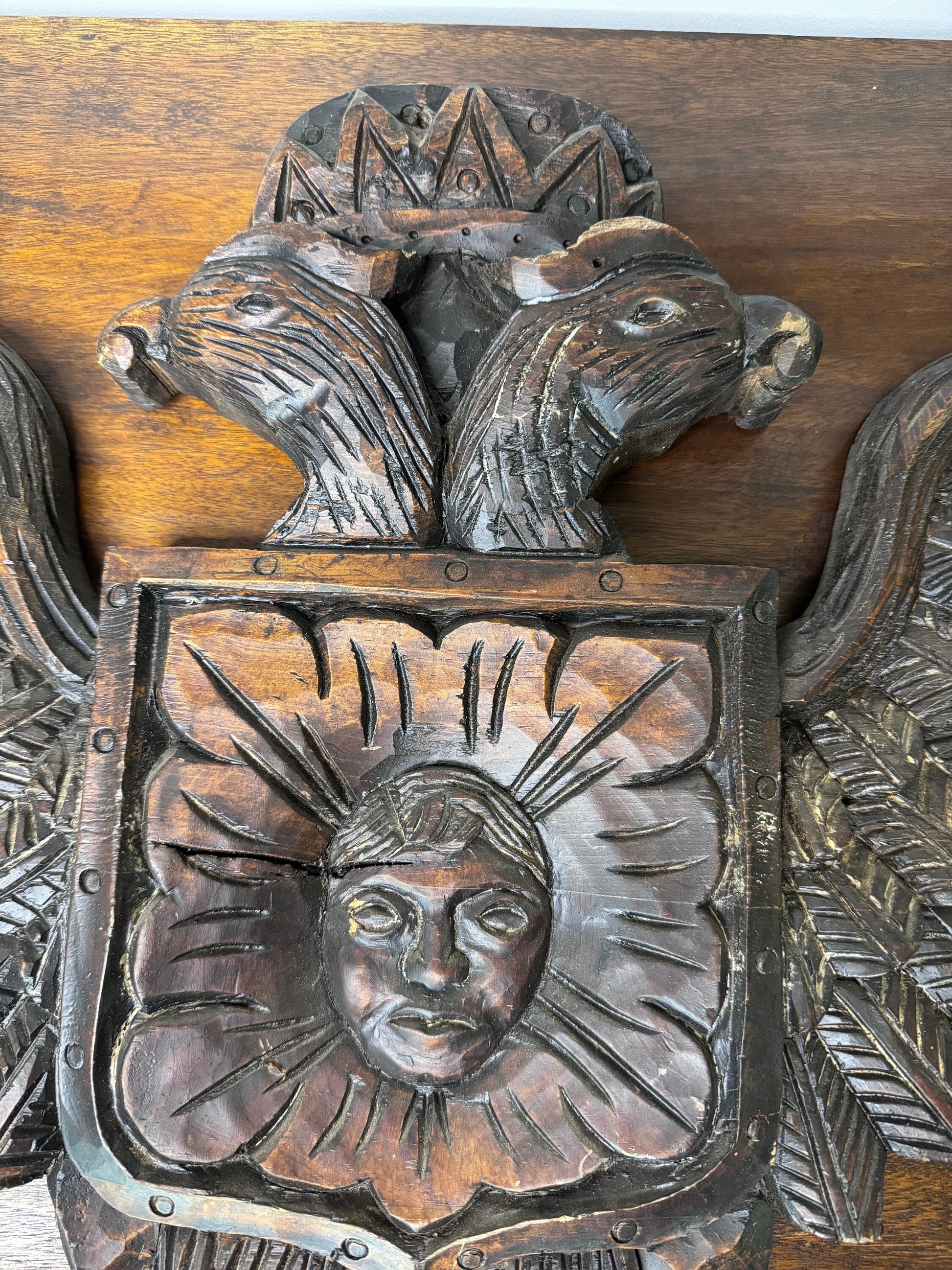 Hand Carved Wooden Double Eagle w/Coat of Arms Wall Hanging