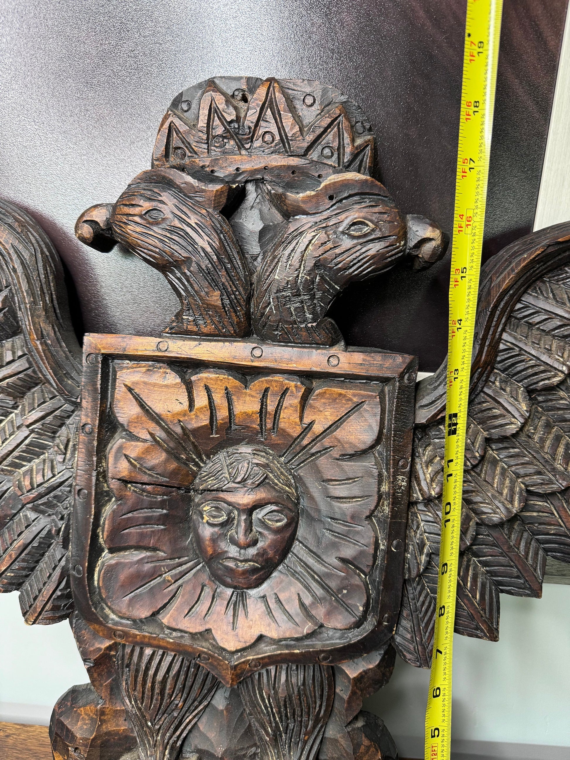 Hand Carved Wooden Double Eagle w/Coat of Arms Wall Hanging