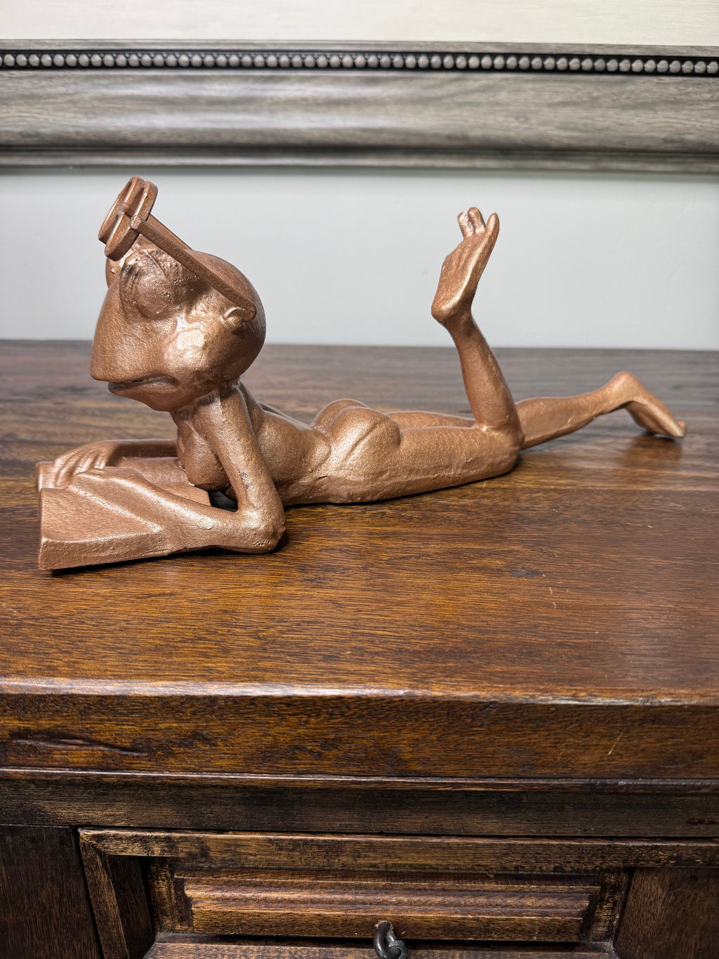 Large Cast Iron Frog Reading a Book