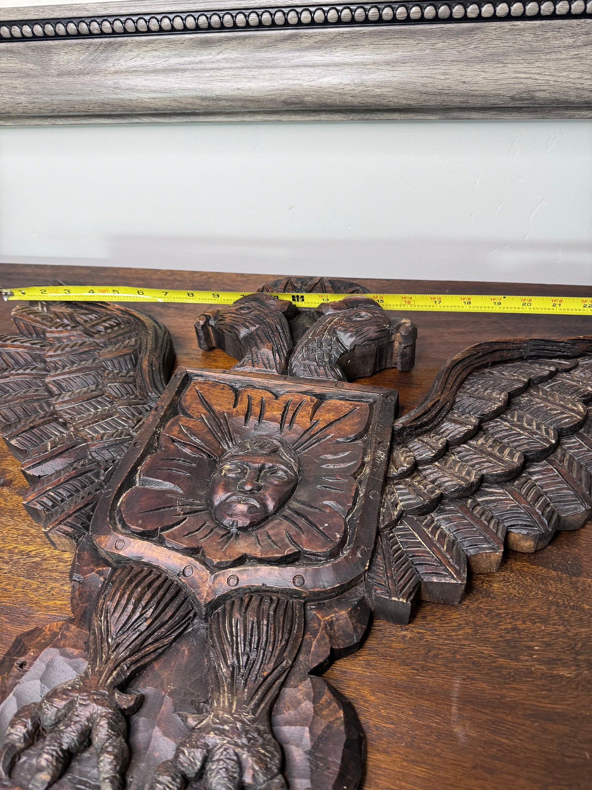 Hand Carved Wooden Double Eagle w/Coat of Arms Wall Hanging