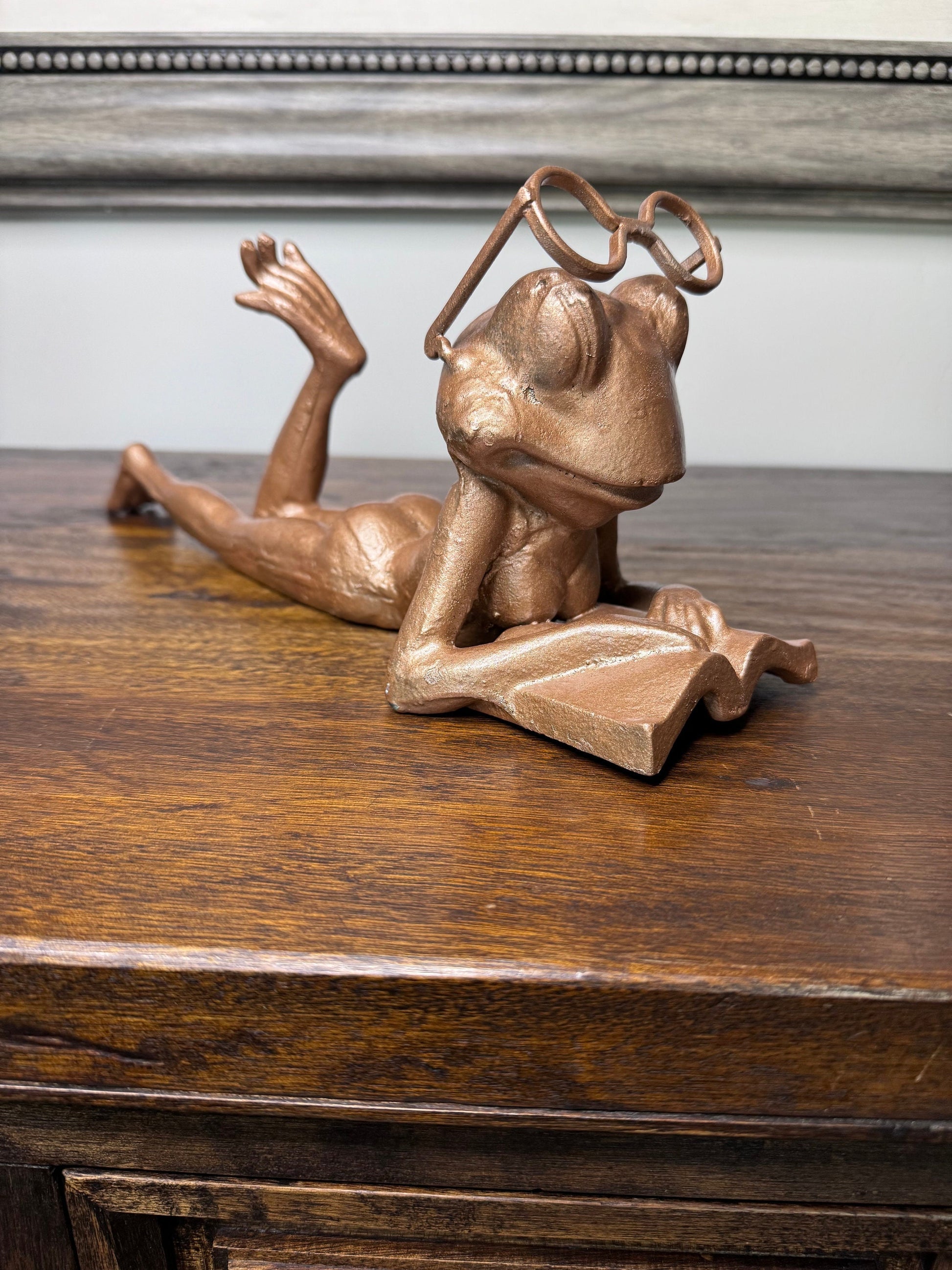 Large Cast Iron Frog Reading a Book