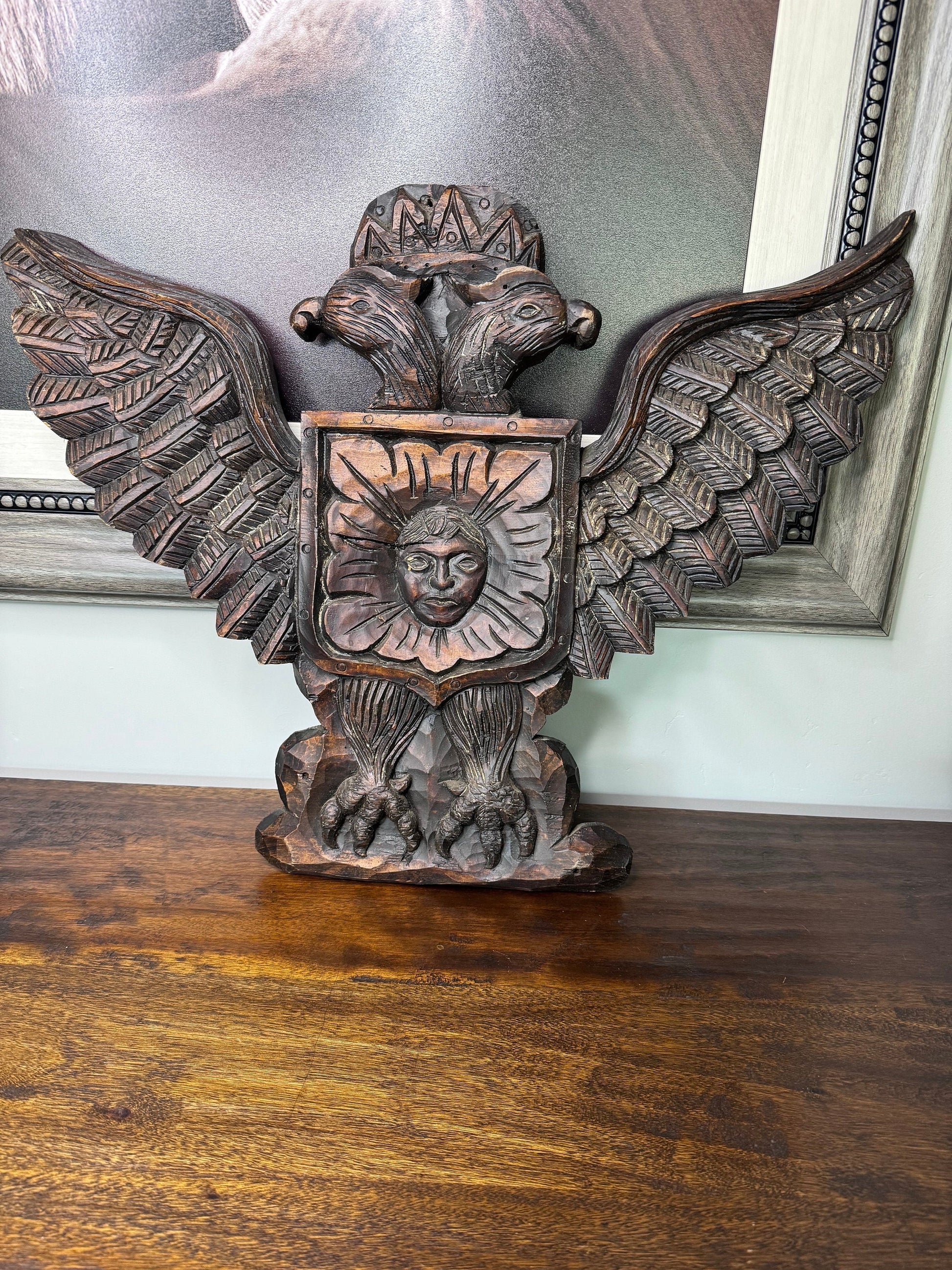 Hand Carved Wooden Double Eagle w/Coat of Arms Wall Hanging