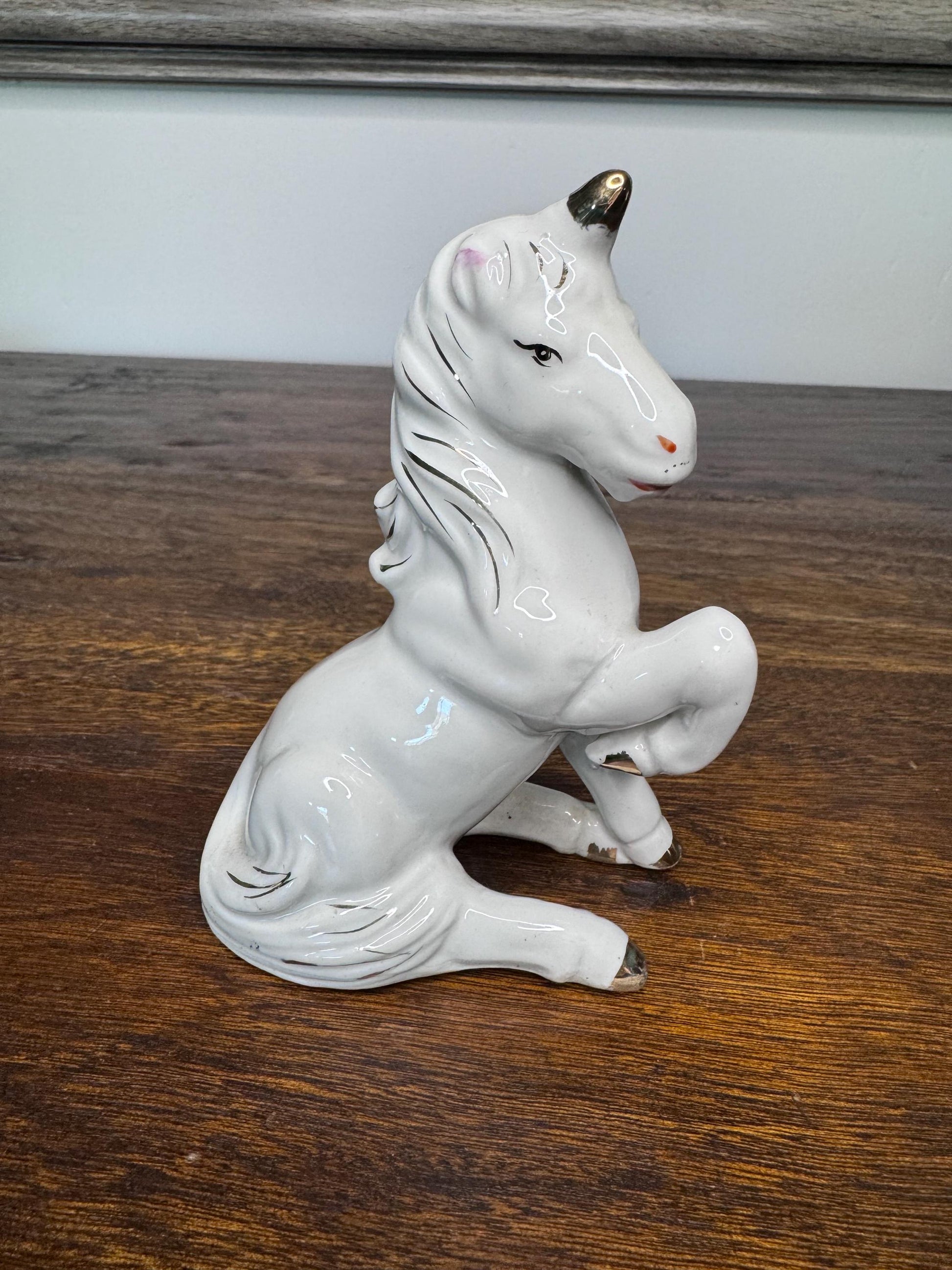 Vintage White Ceramic Unicorn with Gold Toned Horn and Trim