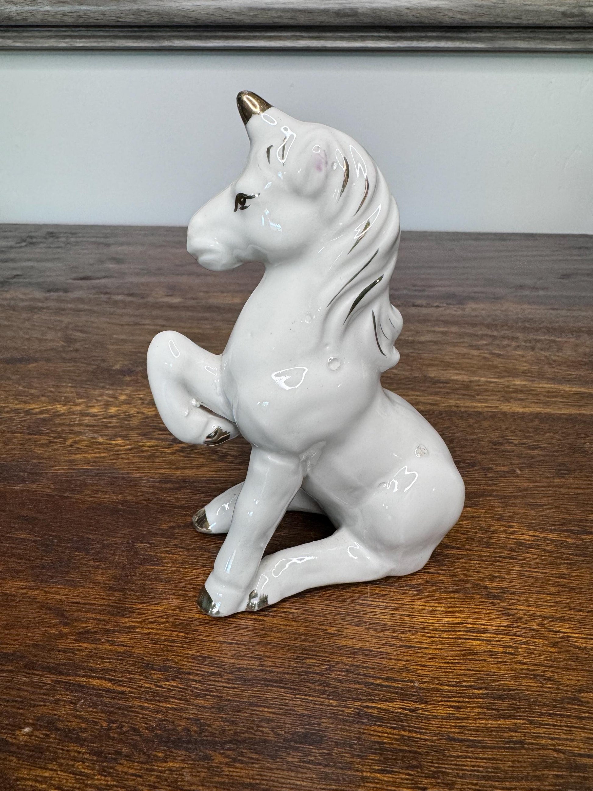 Vintage White Ceramic Unicorn with Gold Toned Horn and Trim