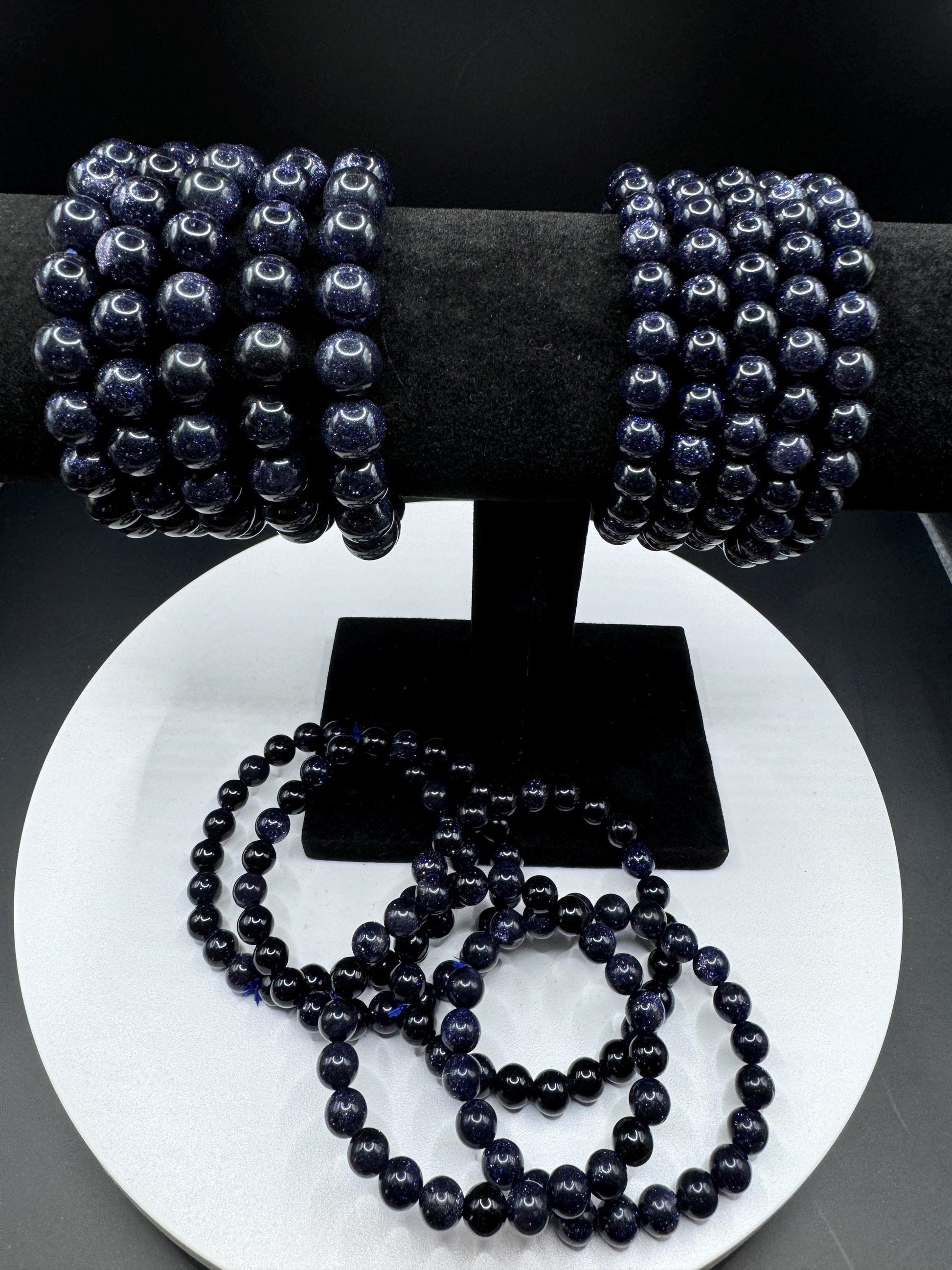 Blue Goldstone Beaded Stretch Bracelets.