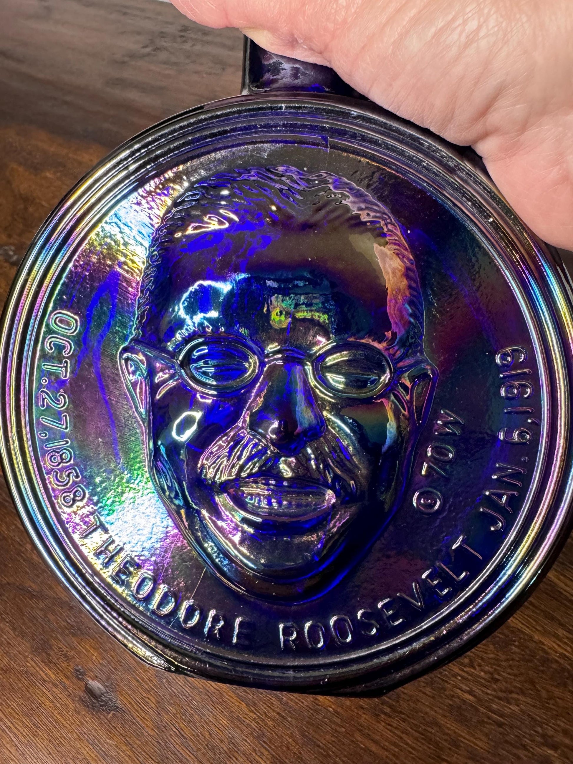 Vintage 1970 First Edition Wheaton Glass Theodore Roosevelt Presidential Commemorative Deep Iridescent Blue Decanter