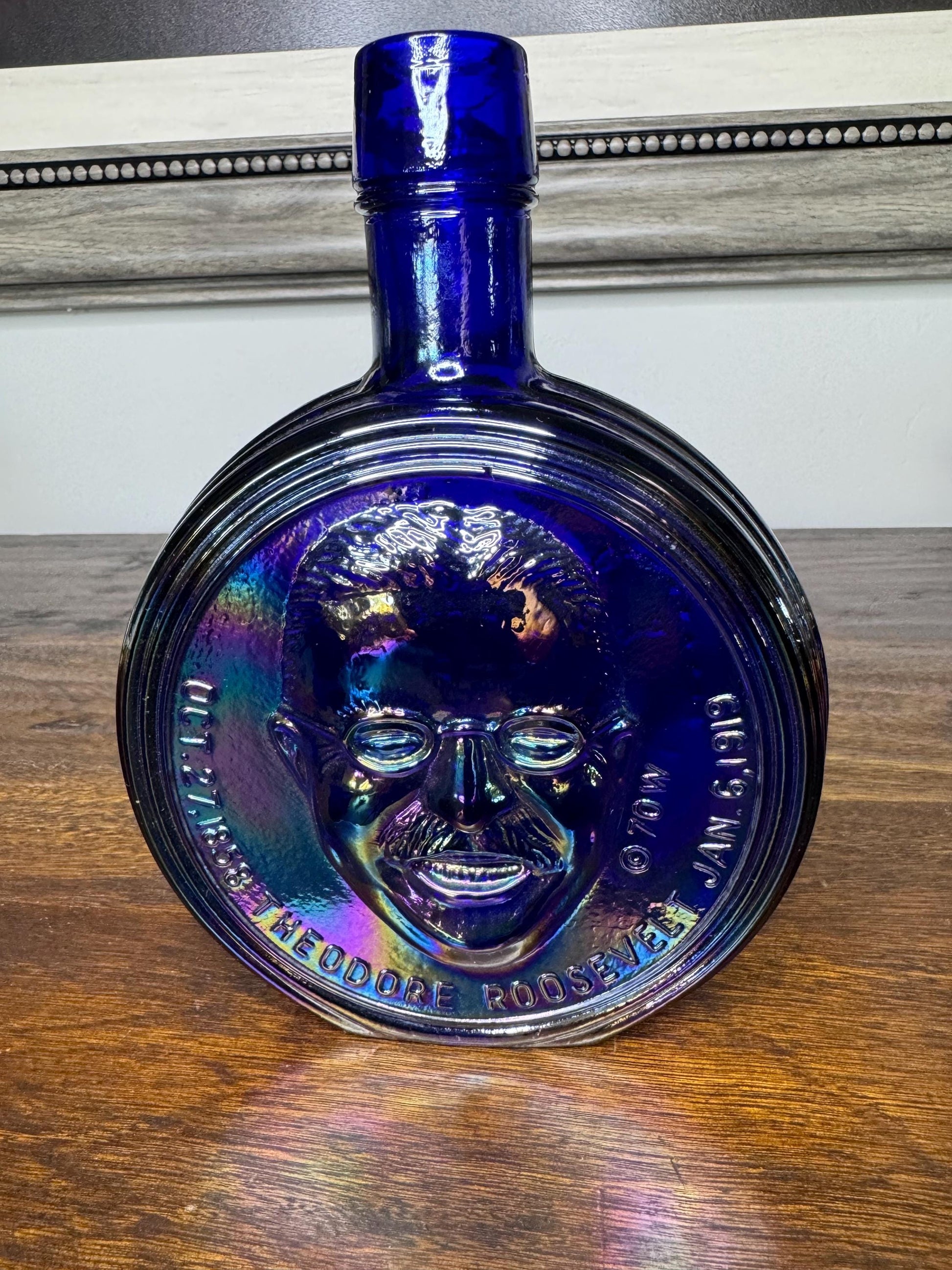 Vintage 1970 First Edition Wheaton Glass Theodore Roosevelt Presidential Commemorative Deep Iridescent Blue Decanter