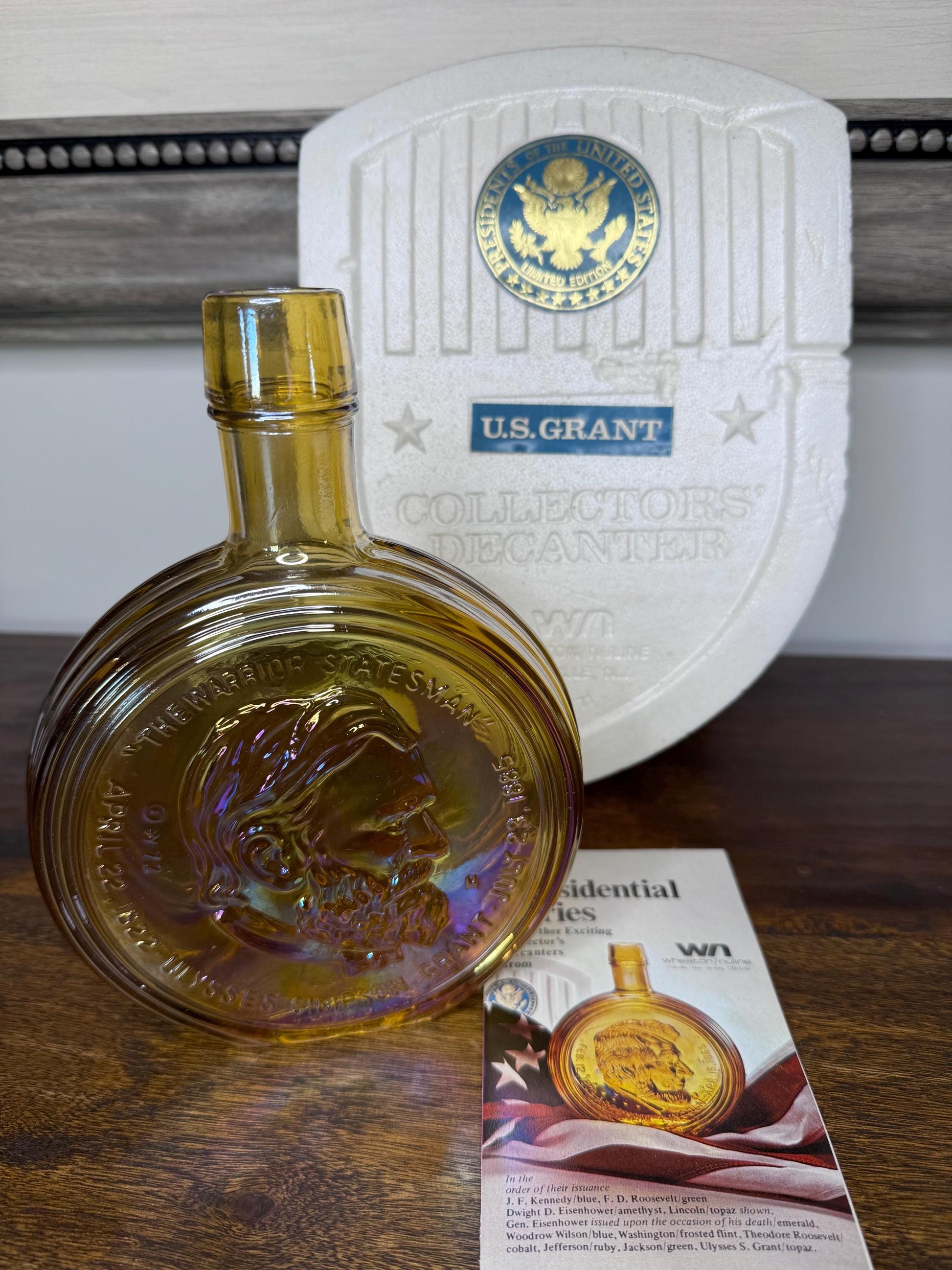 Vintage Wheaton Carnival Glass US President Series US Grant 1st Edition Decanter with Original Box and Advertising Insert