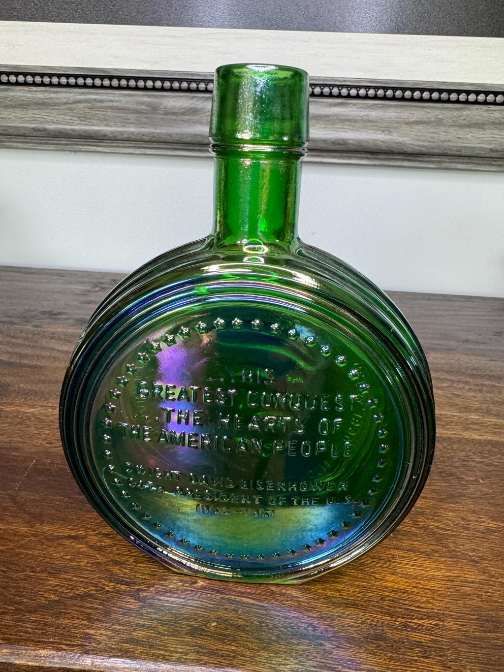 Vintage Iridescent Wheaton Dwight Eisenhower Commemorative First Edition Bottle.