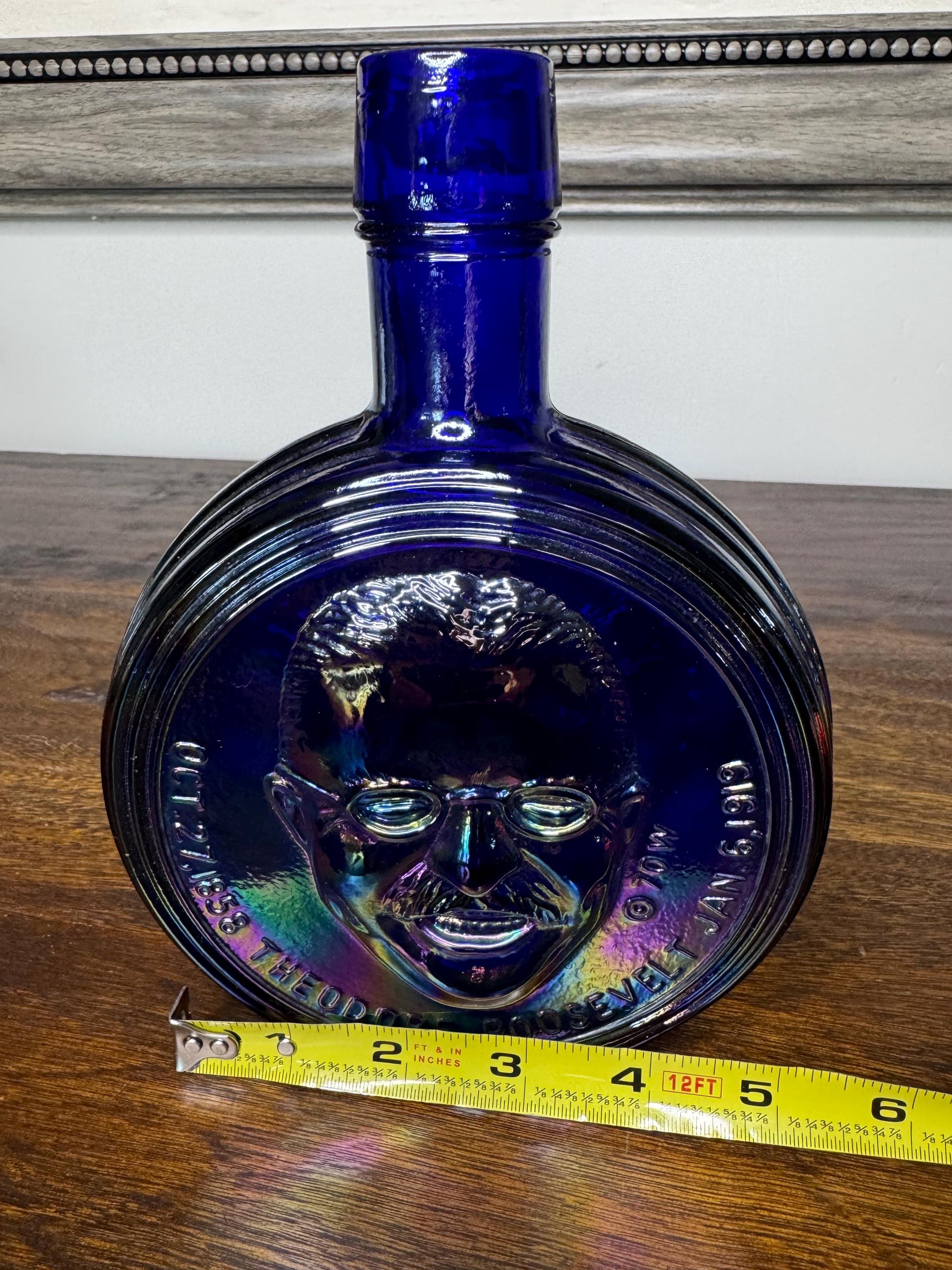 Vintage 1970 First Edition Wheaton Glass Theodore Roosevelt Presidential Commemorative Deep Iridescent Blue Decanter