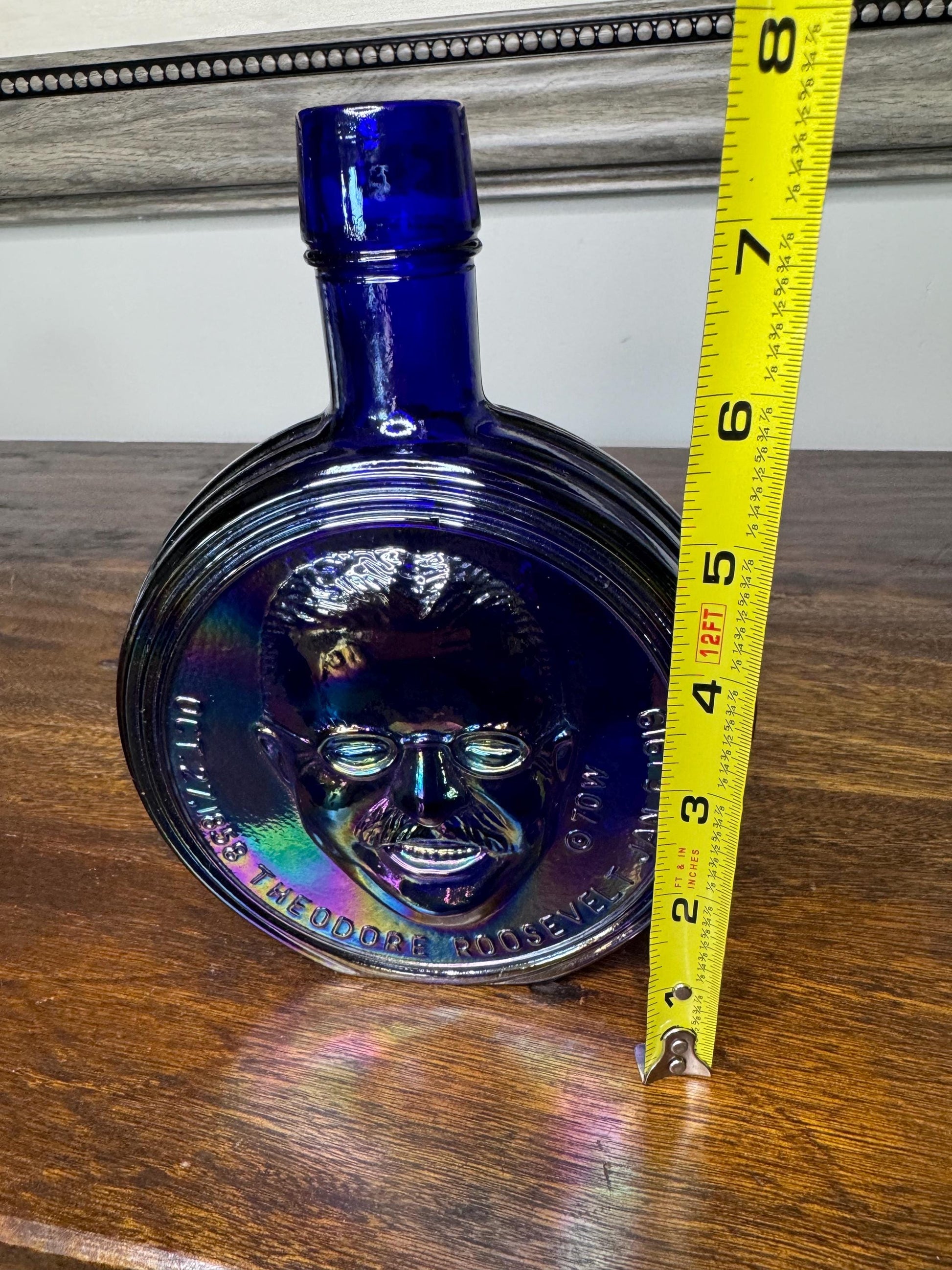 Vintage 1970 First Edition Wheaton Glass Theodore Roosevelt Presidential Commemorative Deep Iridescent Blue Decanter