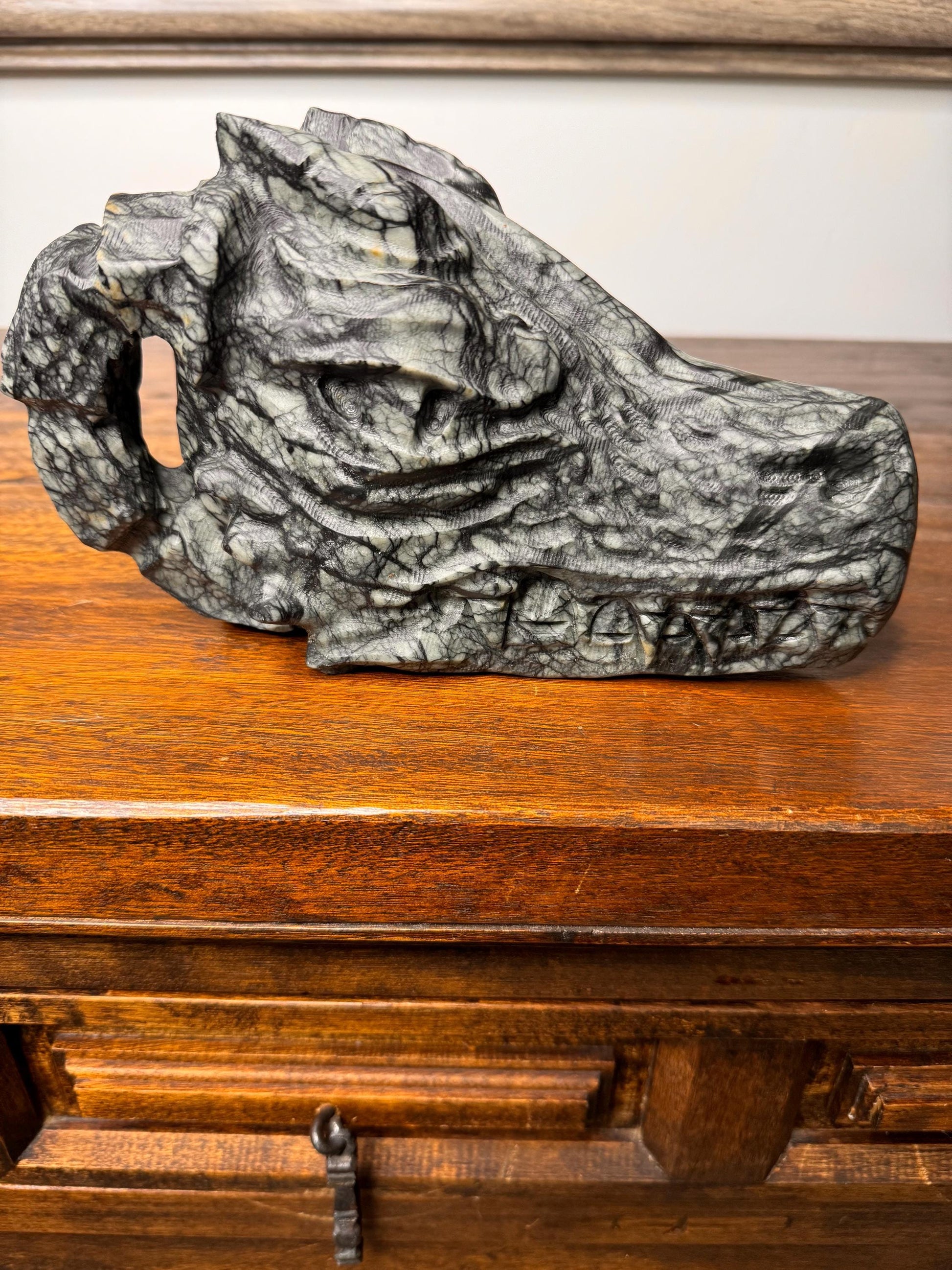 Large Solid Hand Carved Stone Dragon Skull