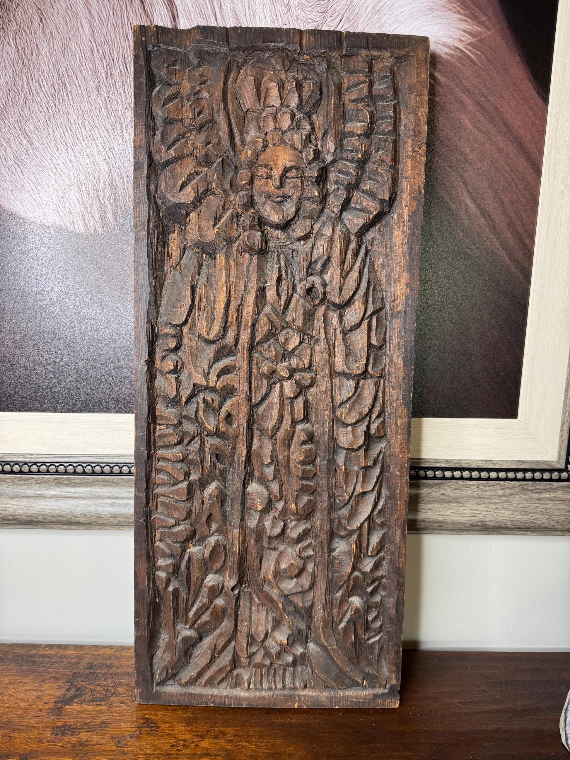 Gorgeous Heraldic Style Hand Carved Solid Wood Wall Hanging